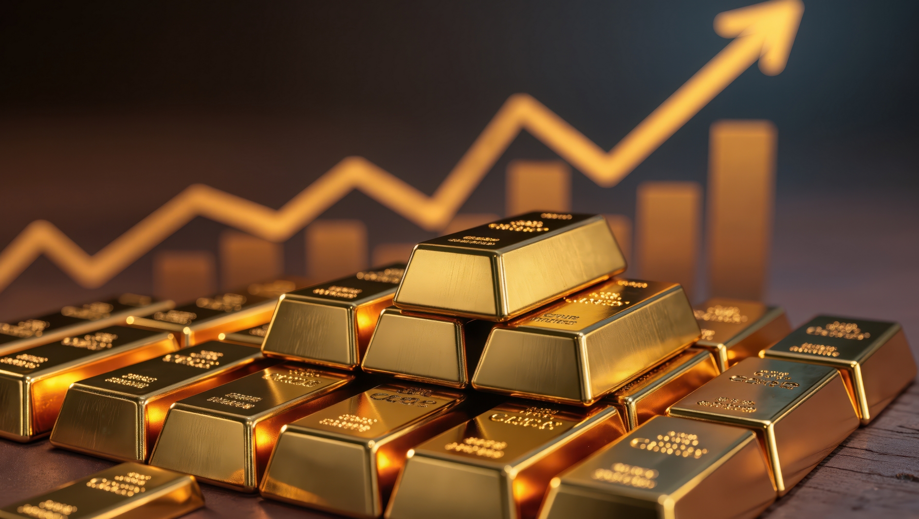 Pile of shiny gold bars arranged upon the wooden surface featuri