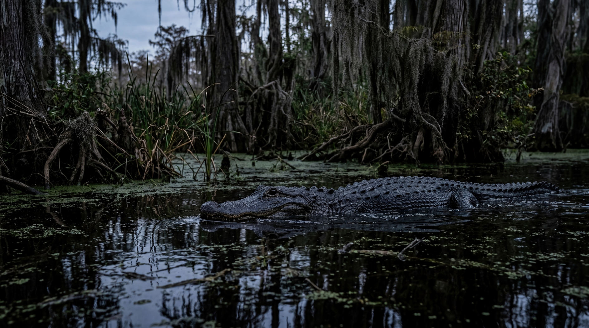 American alligator gliding through dark swamp waters at dusk in Louisiana bayou wilderness