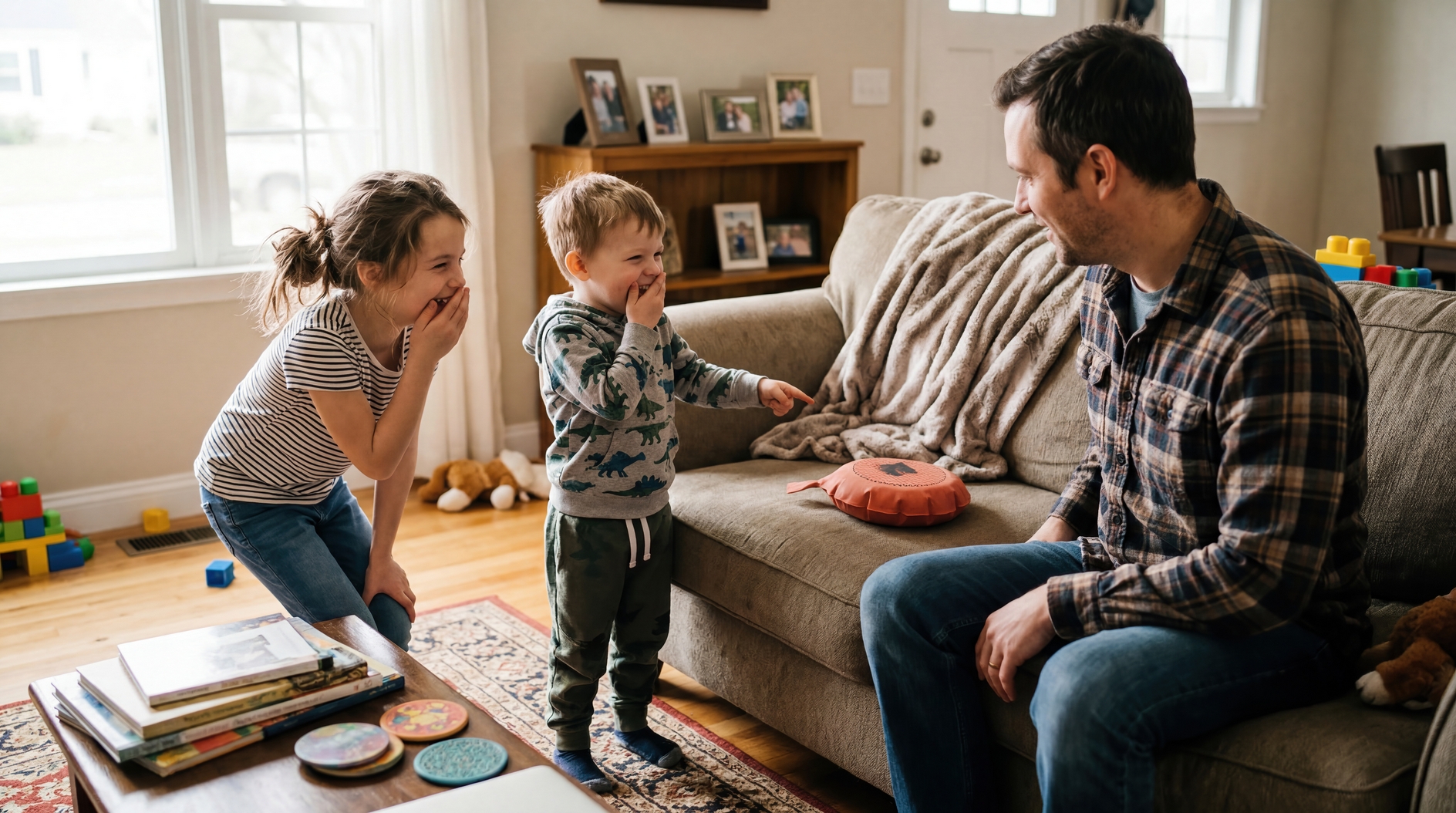 Father playing and laughing with young children in cozy living room on sunny afternoon