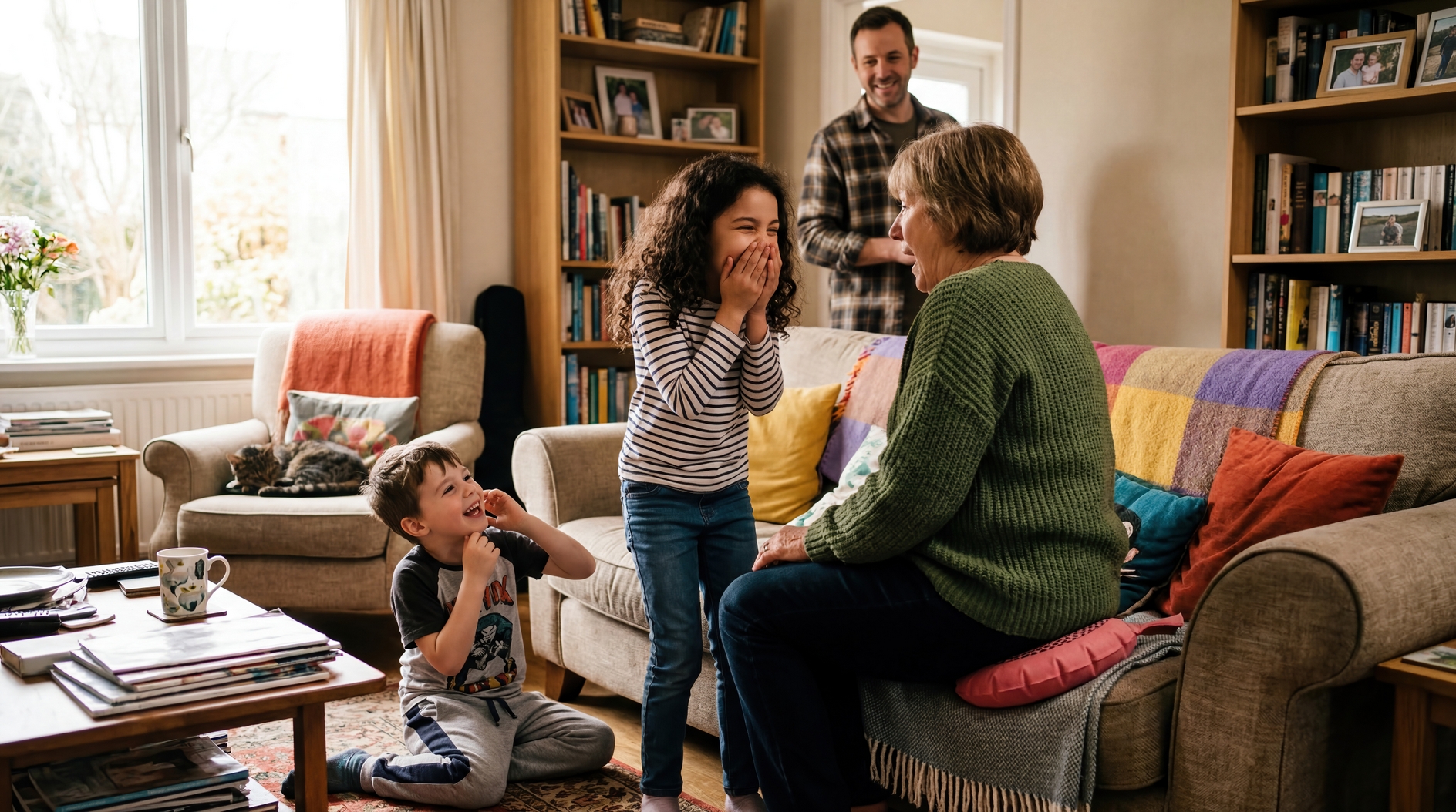 Happy multigenerational family enjoying playful moment together in cozy living room interior