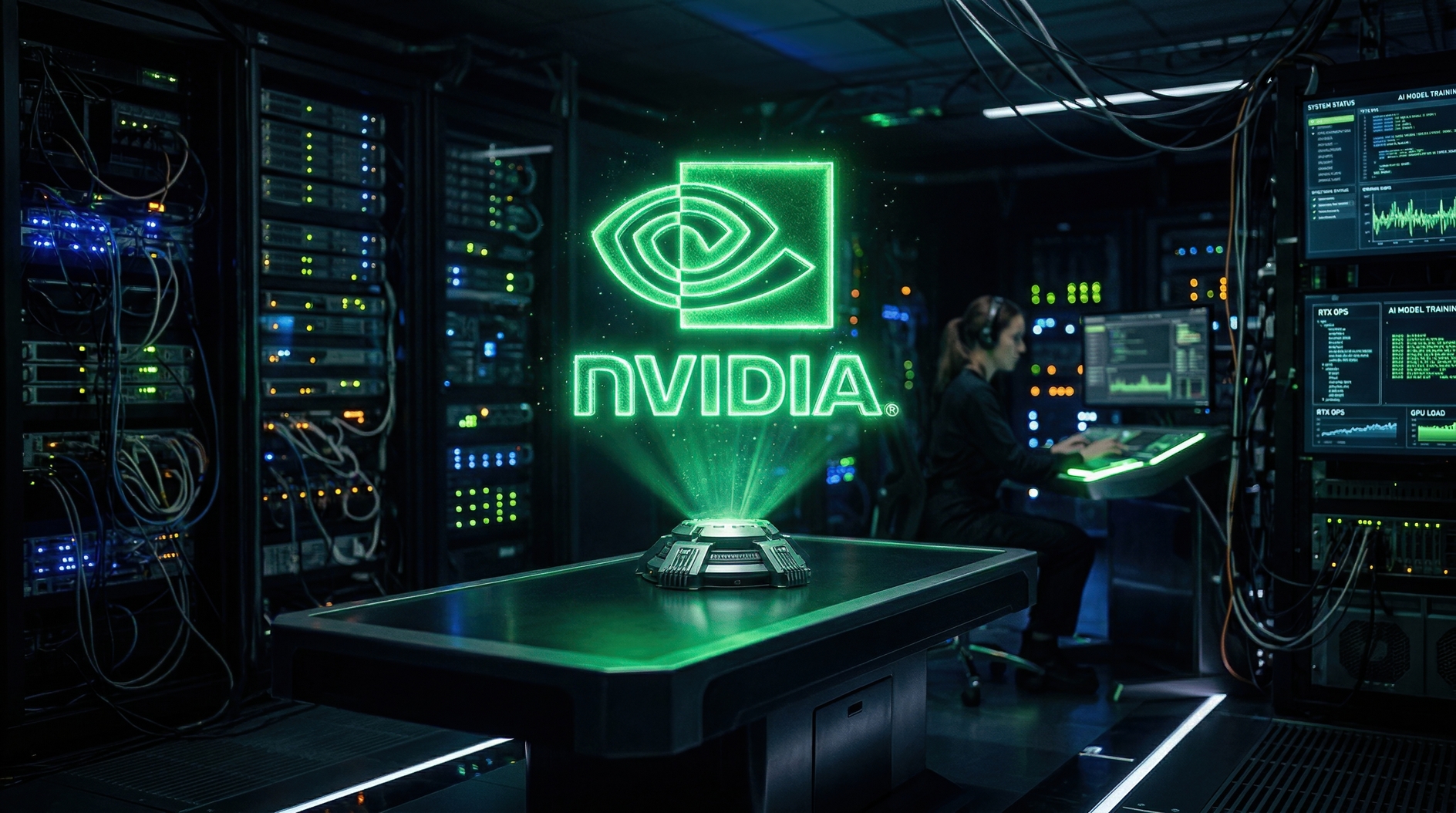 Futuristic data center with holographic green logo and engineer monitoring AI systems