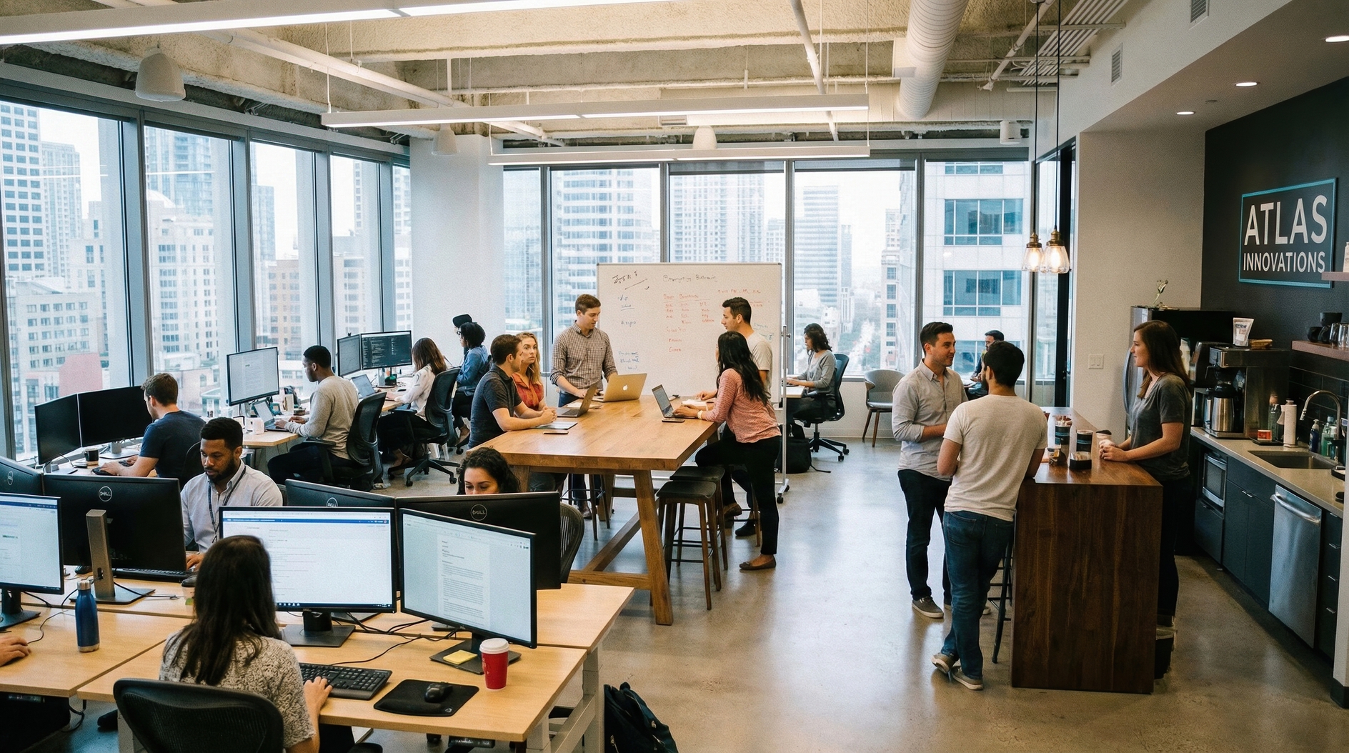 Modern open plan office with diverse team collaborating and working on computers in city high rise