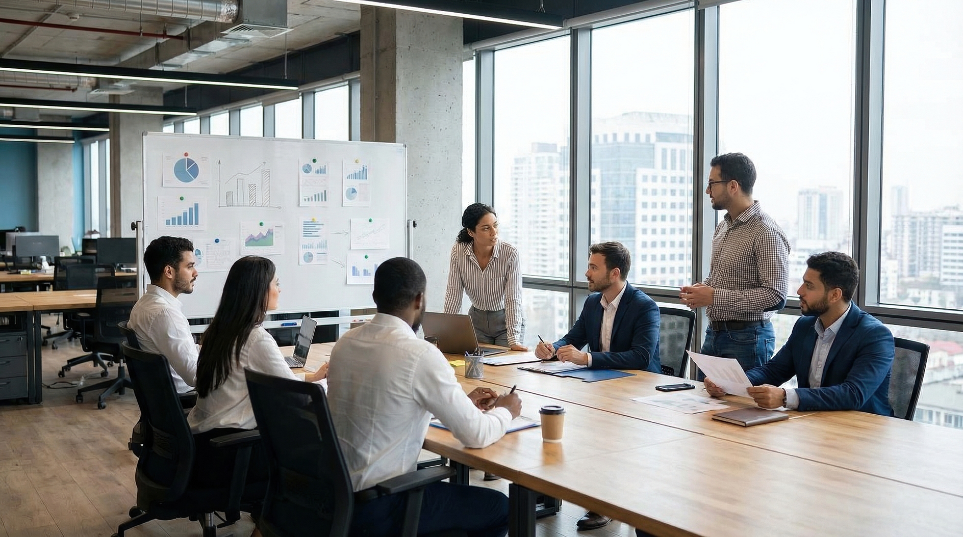 Diverse business team discussing financial charts during morning meeting in modern city office