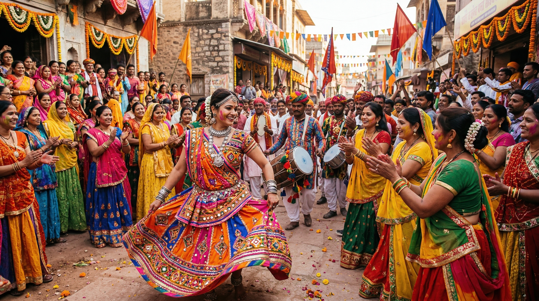 Women in colorful traditional attire dancing joyfully at festive street celebration in Rajasthan