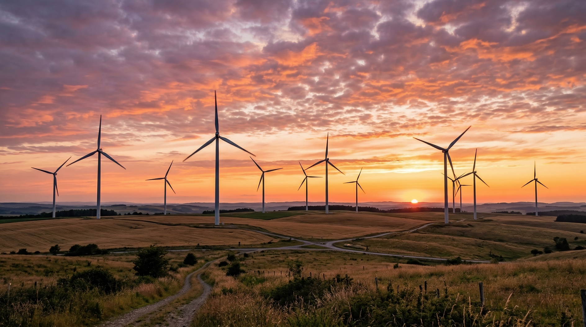 Wind turbines on rolling countryside hills under vibrant orange sunrise sky in rural landscape