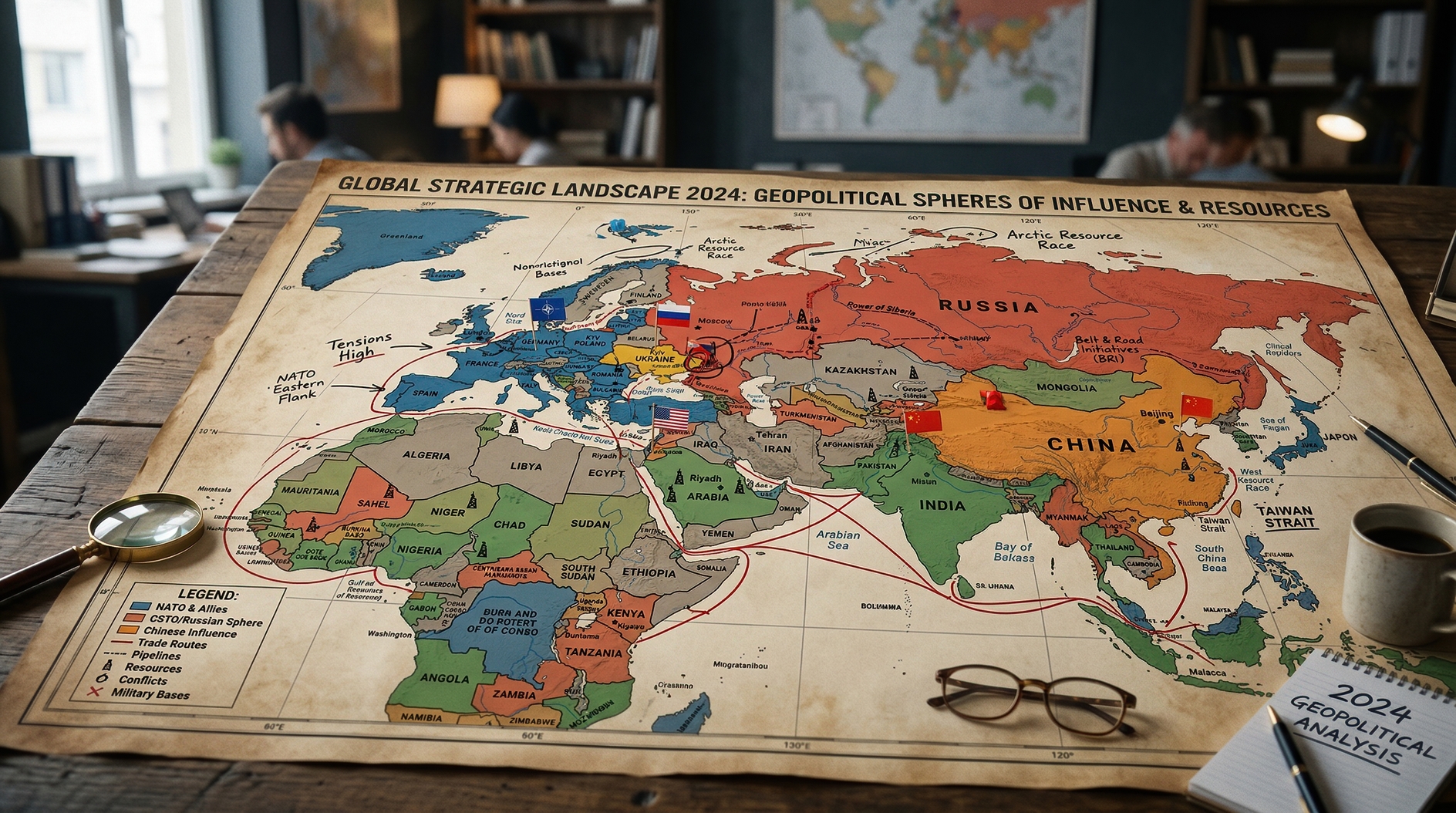 Detailed geopolitical world map analysis with strategic influence zones on office desk in daylight