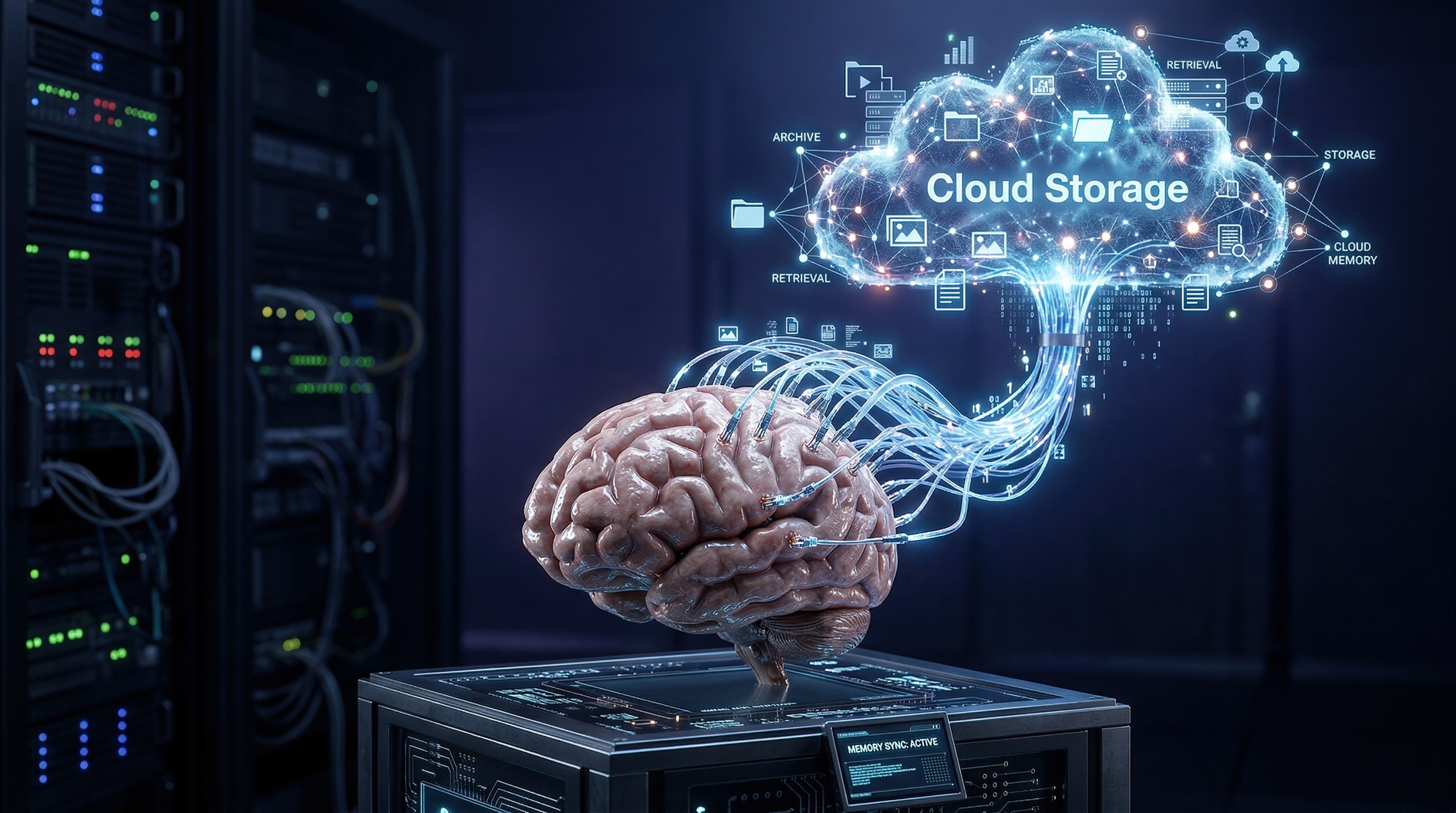 Human brain connected to digital cloud storage network in futuristic data center environment