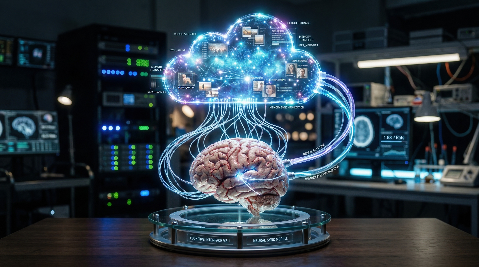 Artificial brain model linked to glowing digital cloud in futuristic laboratory for AI research
