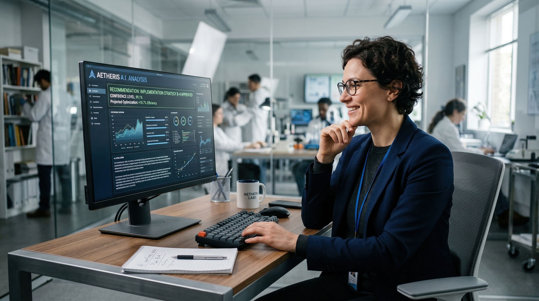 Business analyst reviewing AI performance charts on computer monitor in bright research office