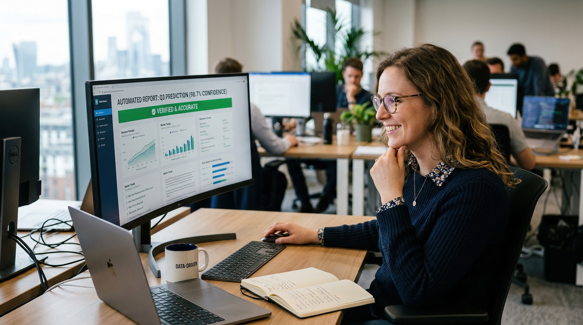 Smiling data analyst reviewing automated report on computer screen in modern London office workspace