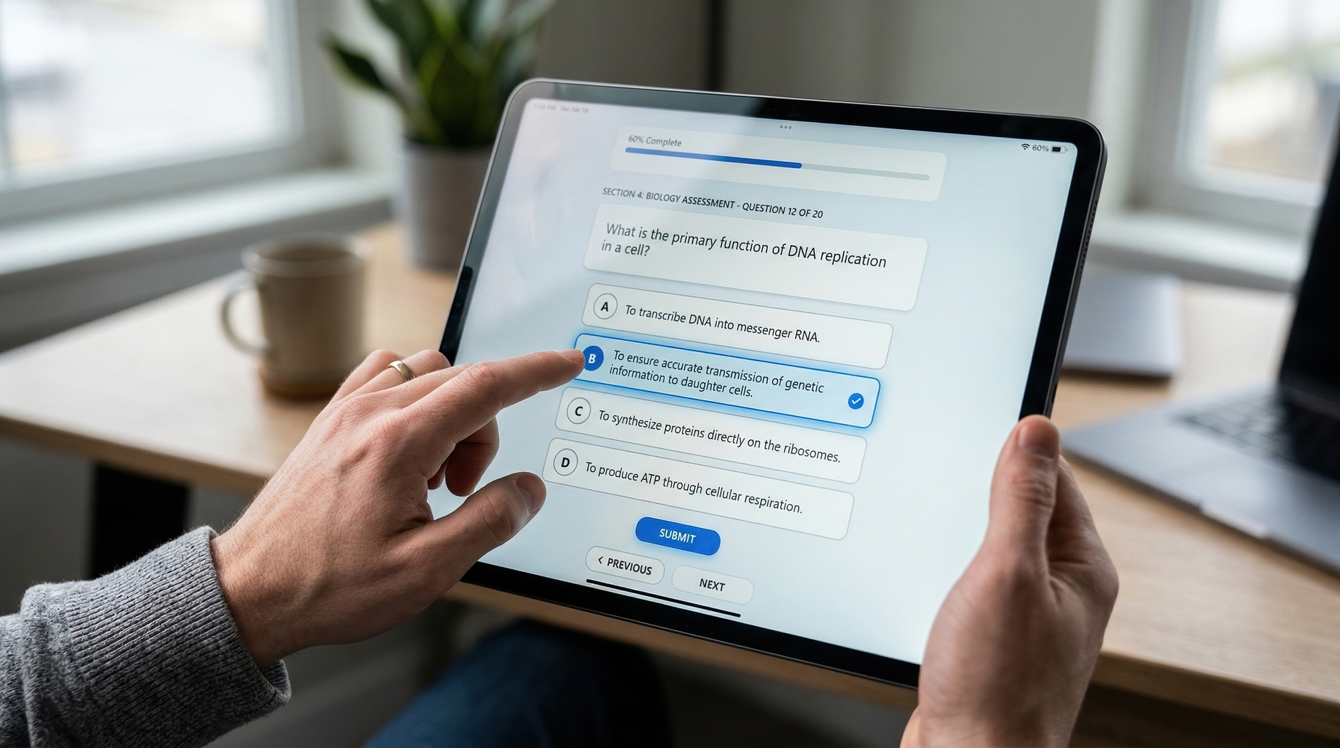 Person using digital tablet for online biology quiz in bright home office morning light