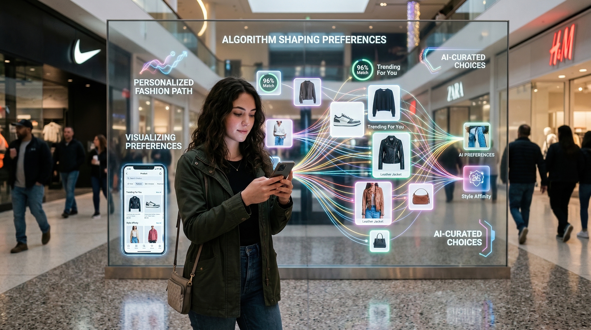 Young woman using smartphone near interactive AI fashion display in modern shopping mall interior