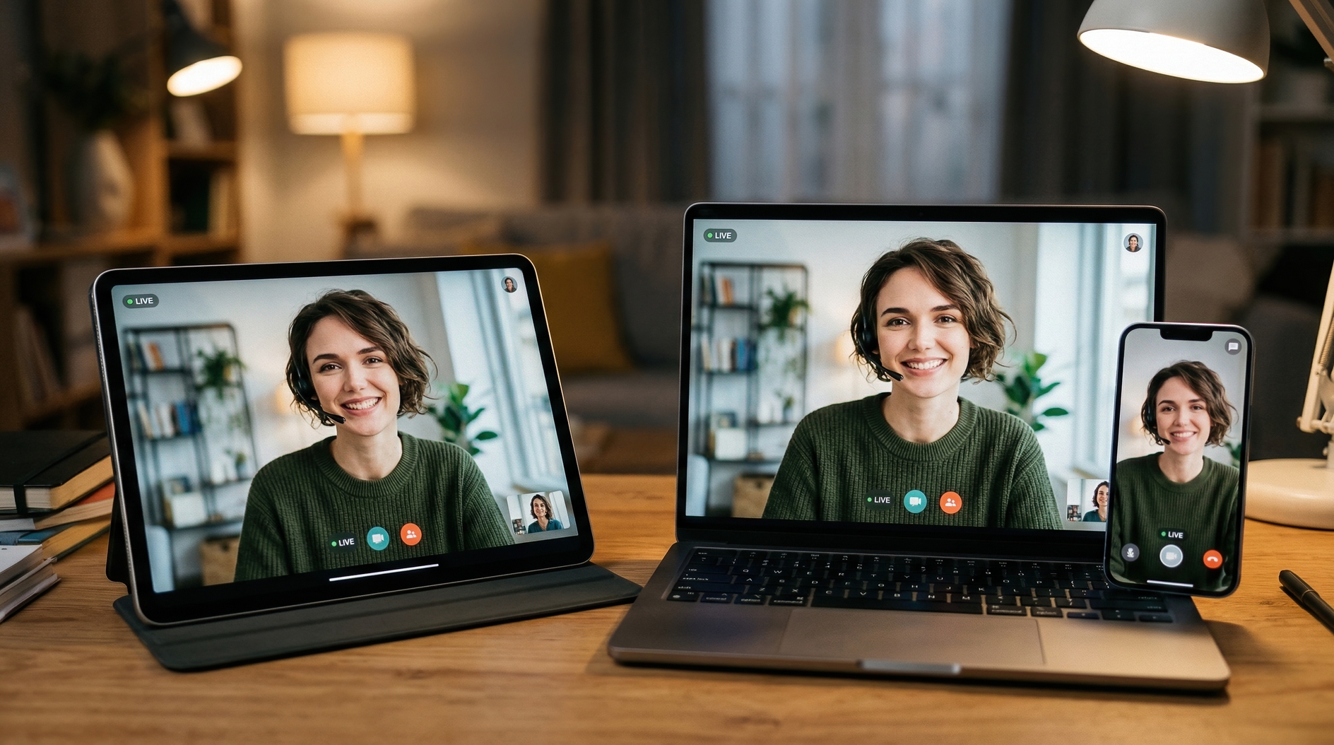 Smiling woman wearing headset hosting live video call on multiple devices in warm home office