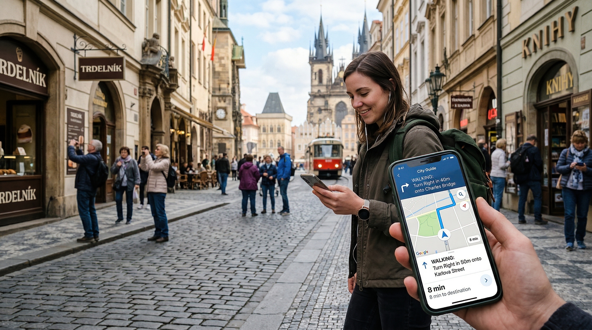Tourists using smartphone navigation on cobblestone street near Old Town Square Prague afternoon