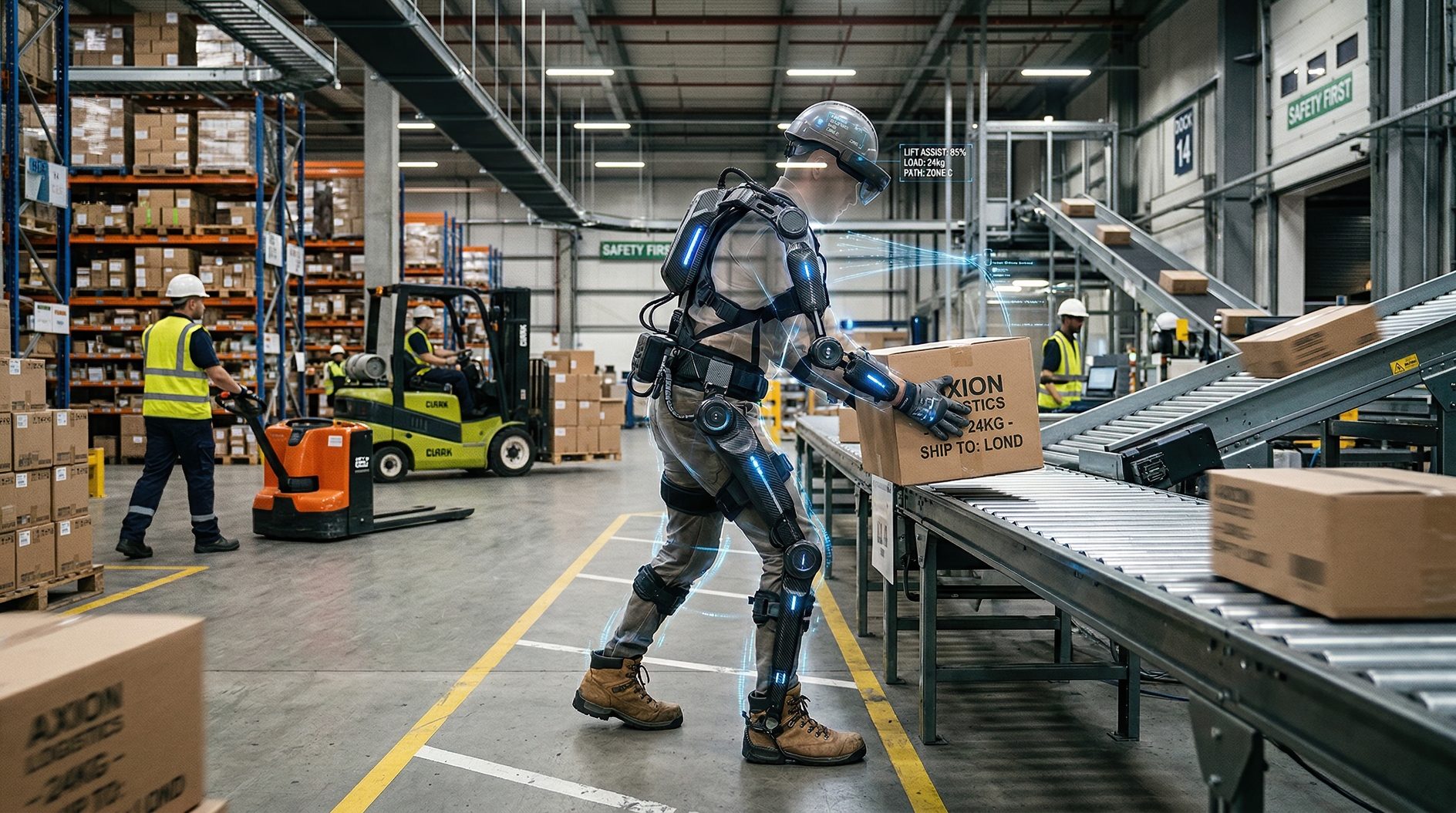 Warehouse worker in powered exoskeleton lifting heavy box onto conveyor under bright industrial