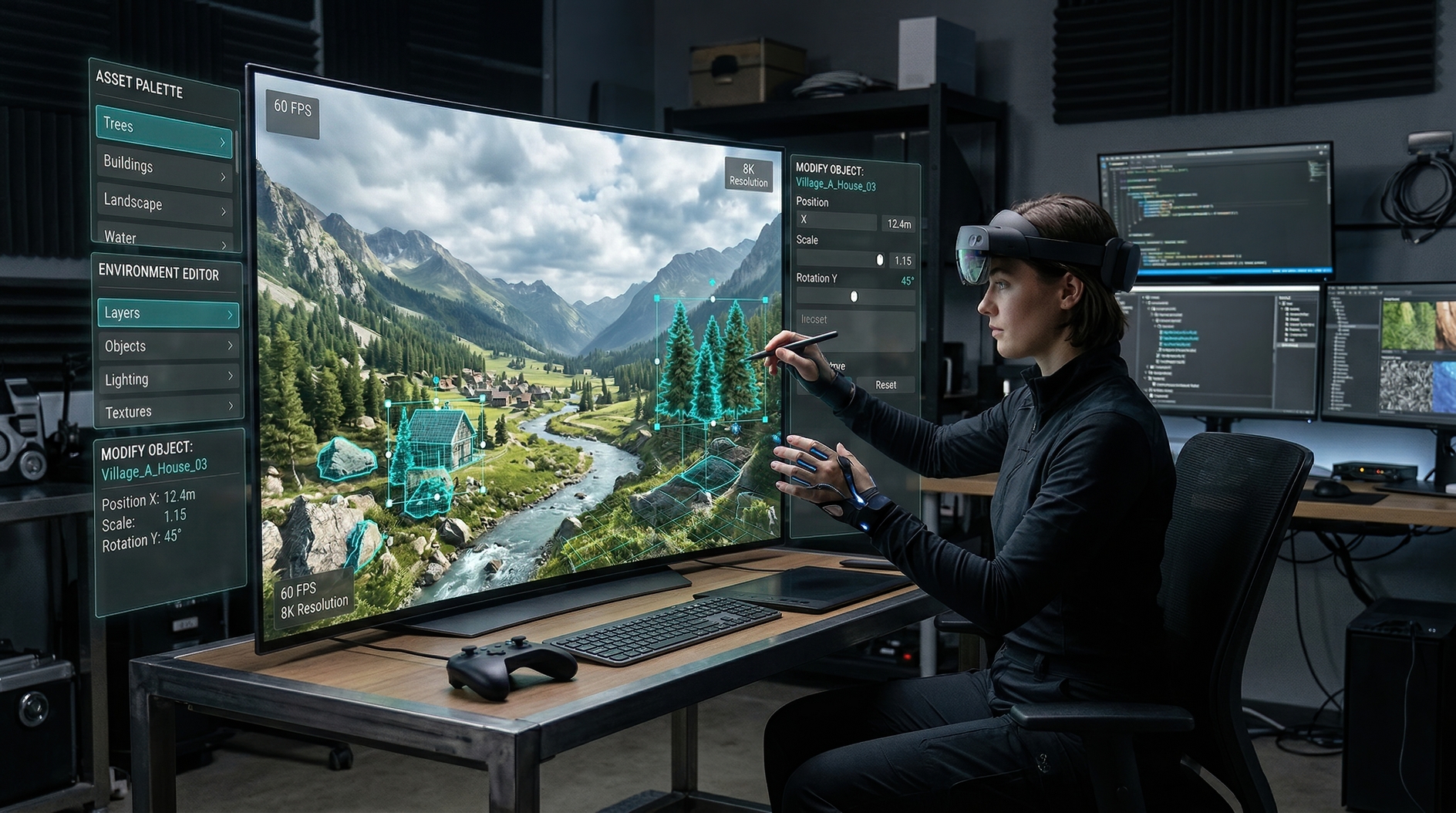 Designer using augmented reality headset to create 3D mountain landscape on large digital display