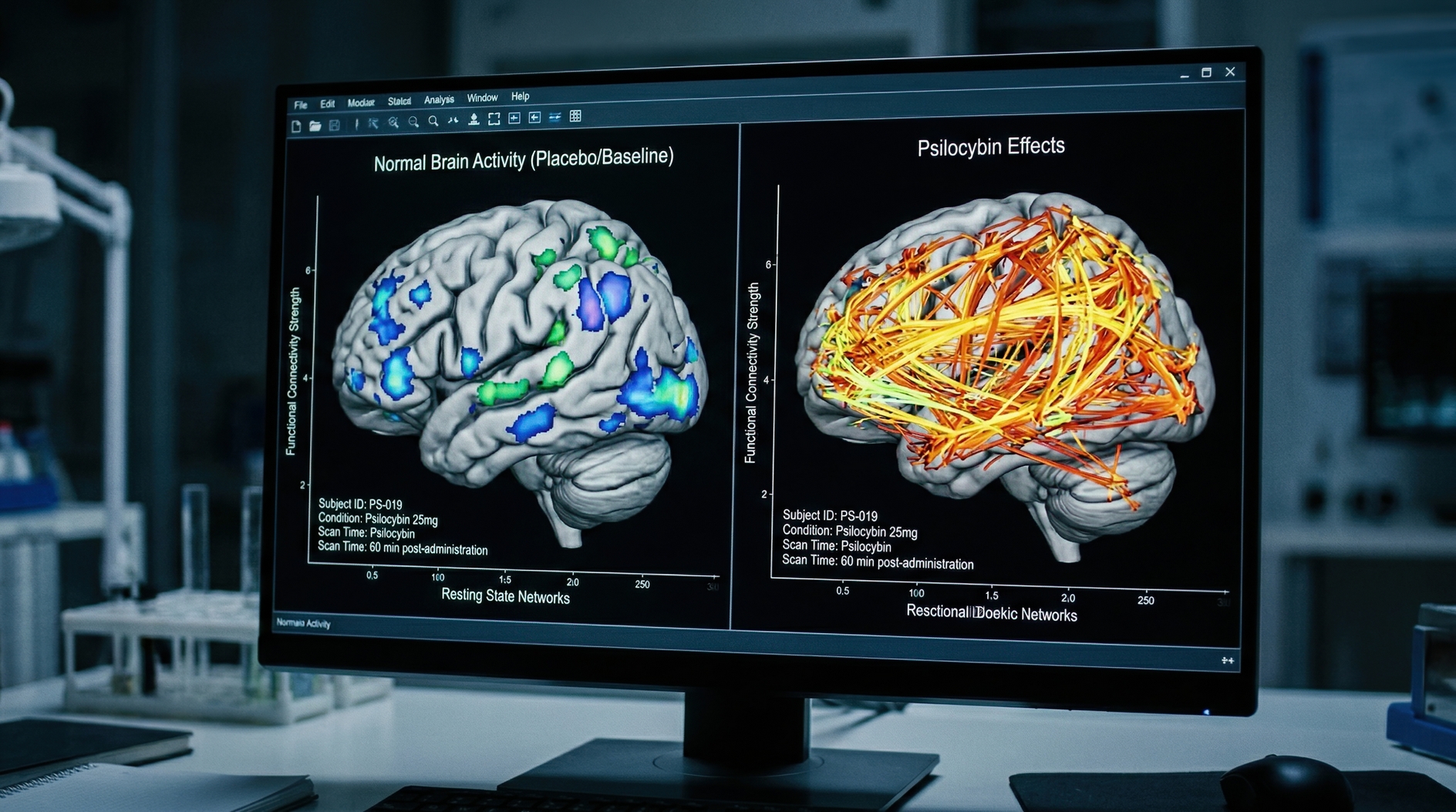 High-resolution computer monitor displaying 3D brain imaging comparison of normal and
