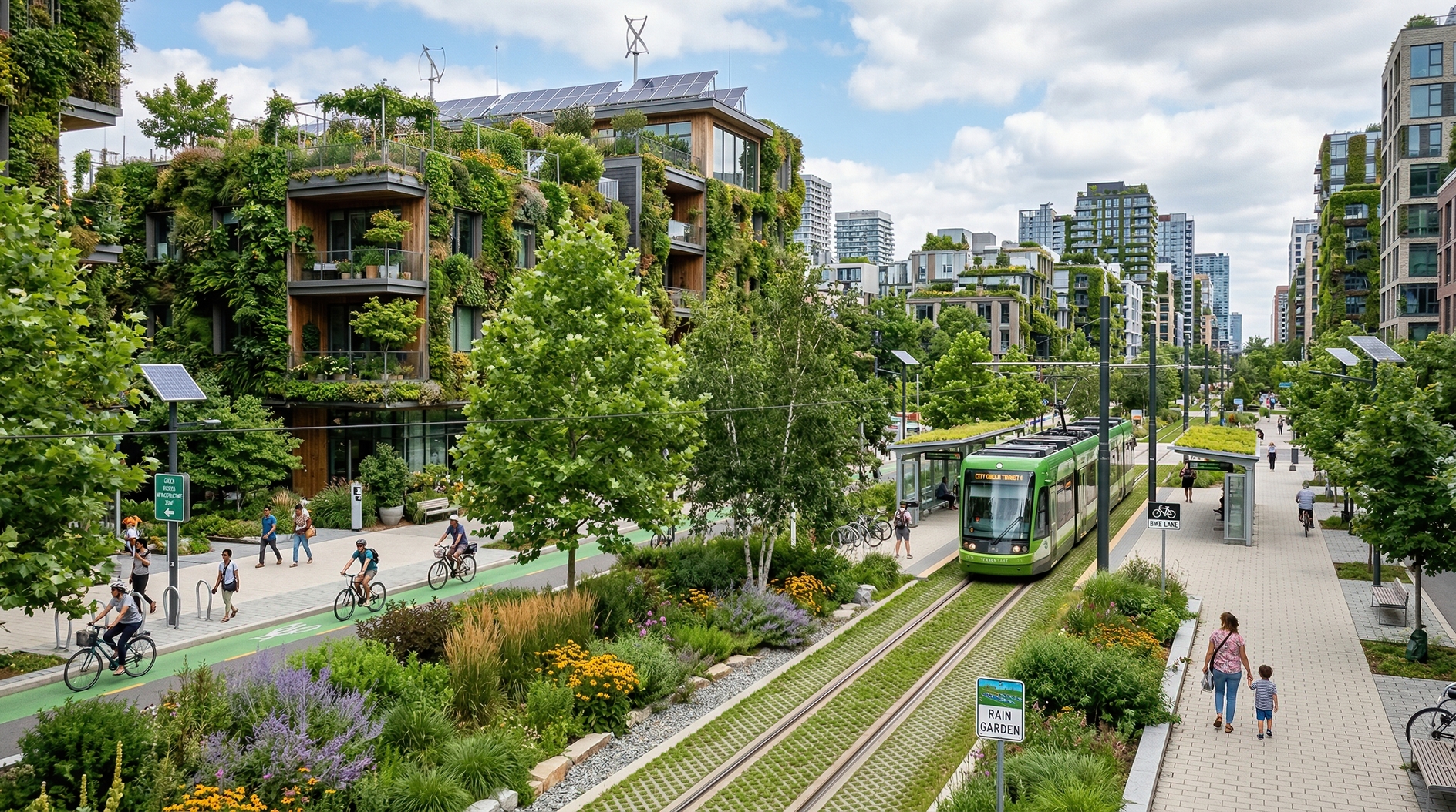 Urban eco-district with solar-powered buildings, cyclists, and modern tram under bright spring
