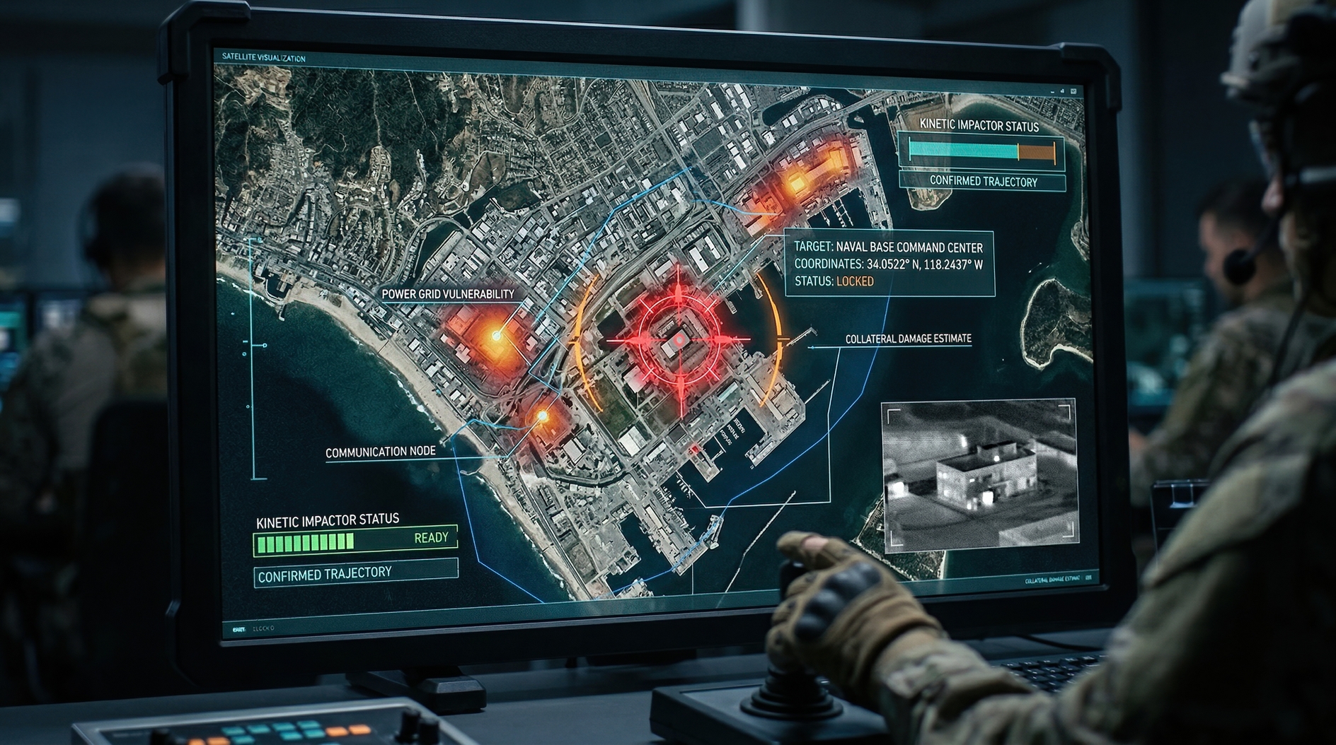 Soldiers monitoring digital satellite map of coastal naval base targets in dimly lit command center