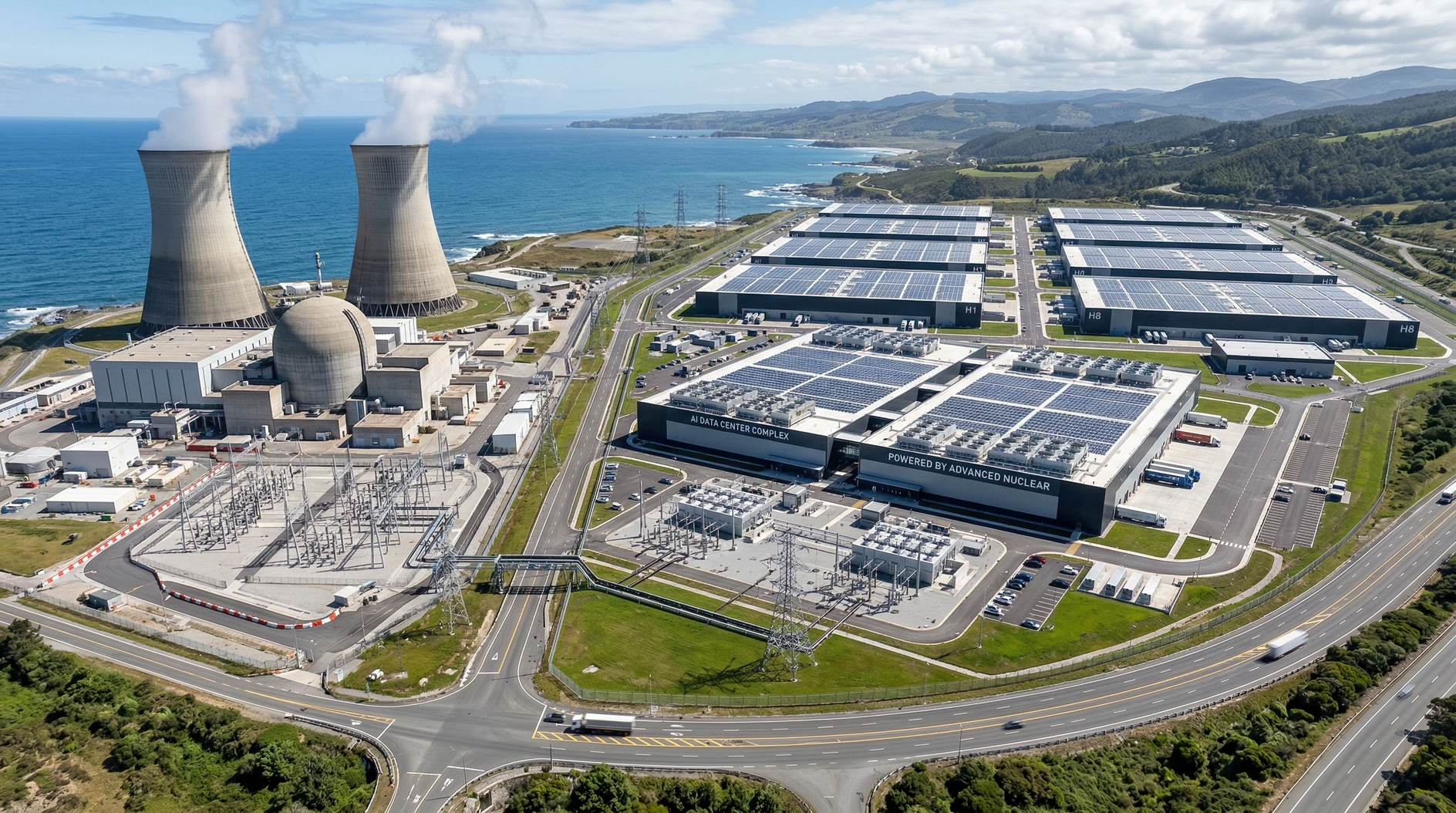 High-angle view of coastal nuclear power plant and AI data center complex with solar panels