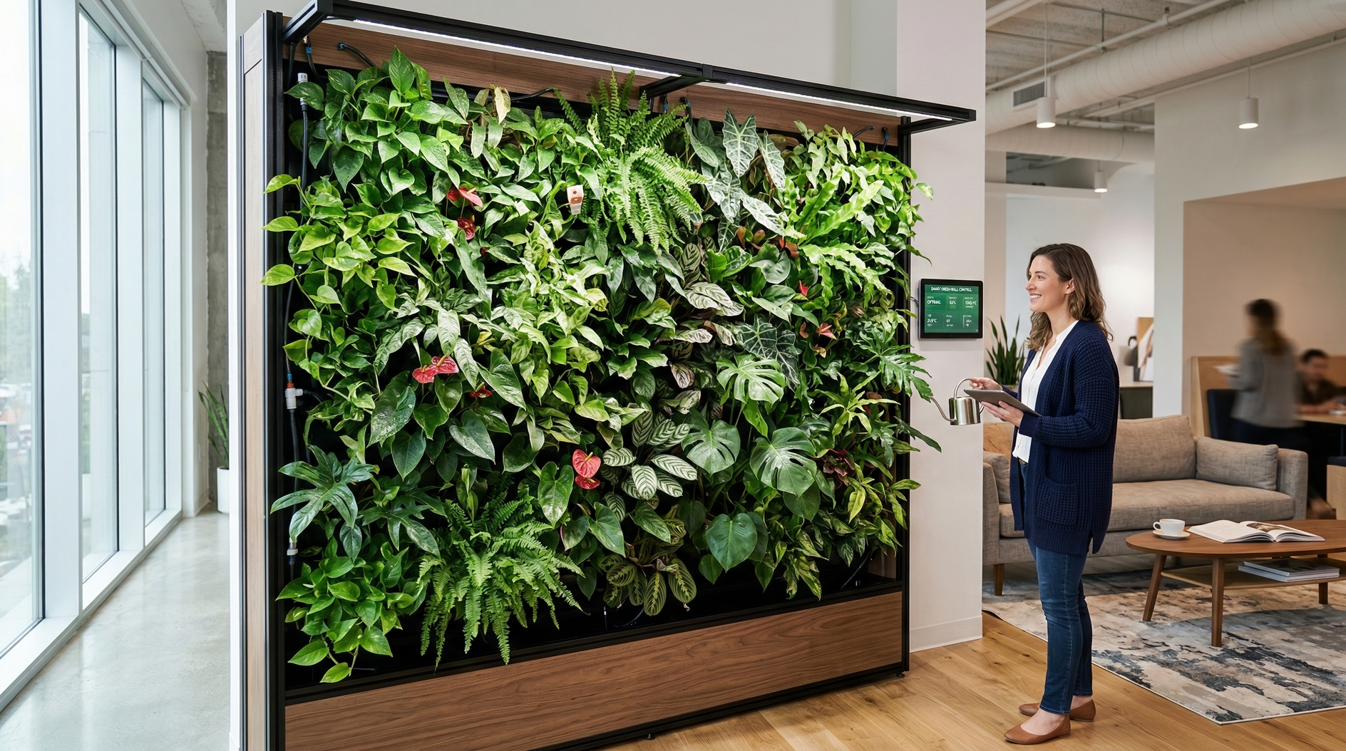 Woman watering vibrant vertical garden in bright modern office filled with natural daylight