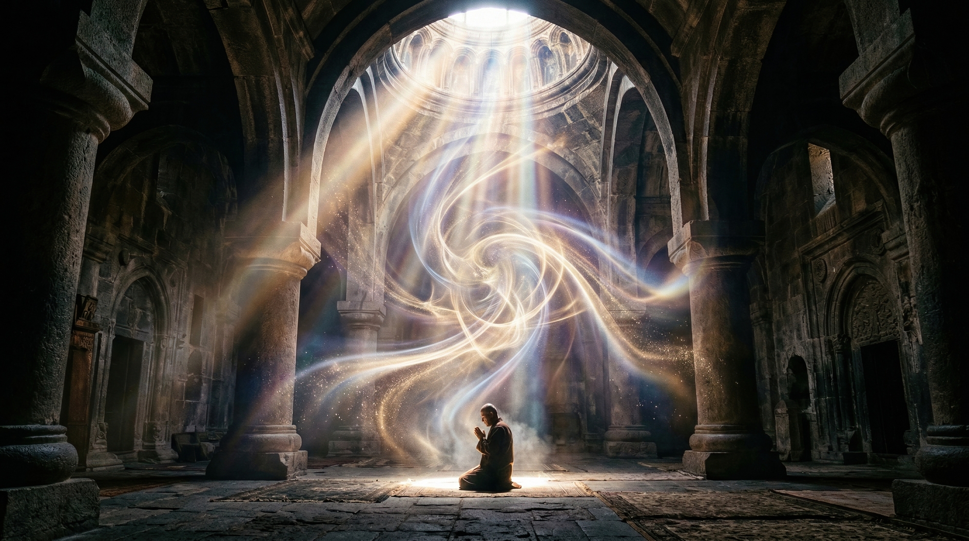 Monk praying under swirling light beams inside ancient stone cathedral with mystical sunlight rays