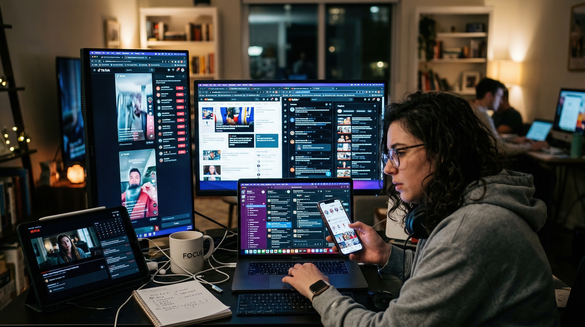 Young professional multitasking with multiple monitors and digital devices in cozy home office at