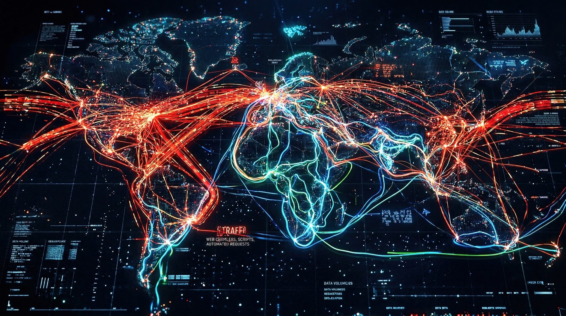 Futuristic world map with glowing data routes and cyber traffic lines illustrating global