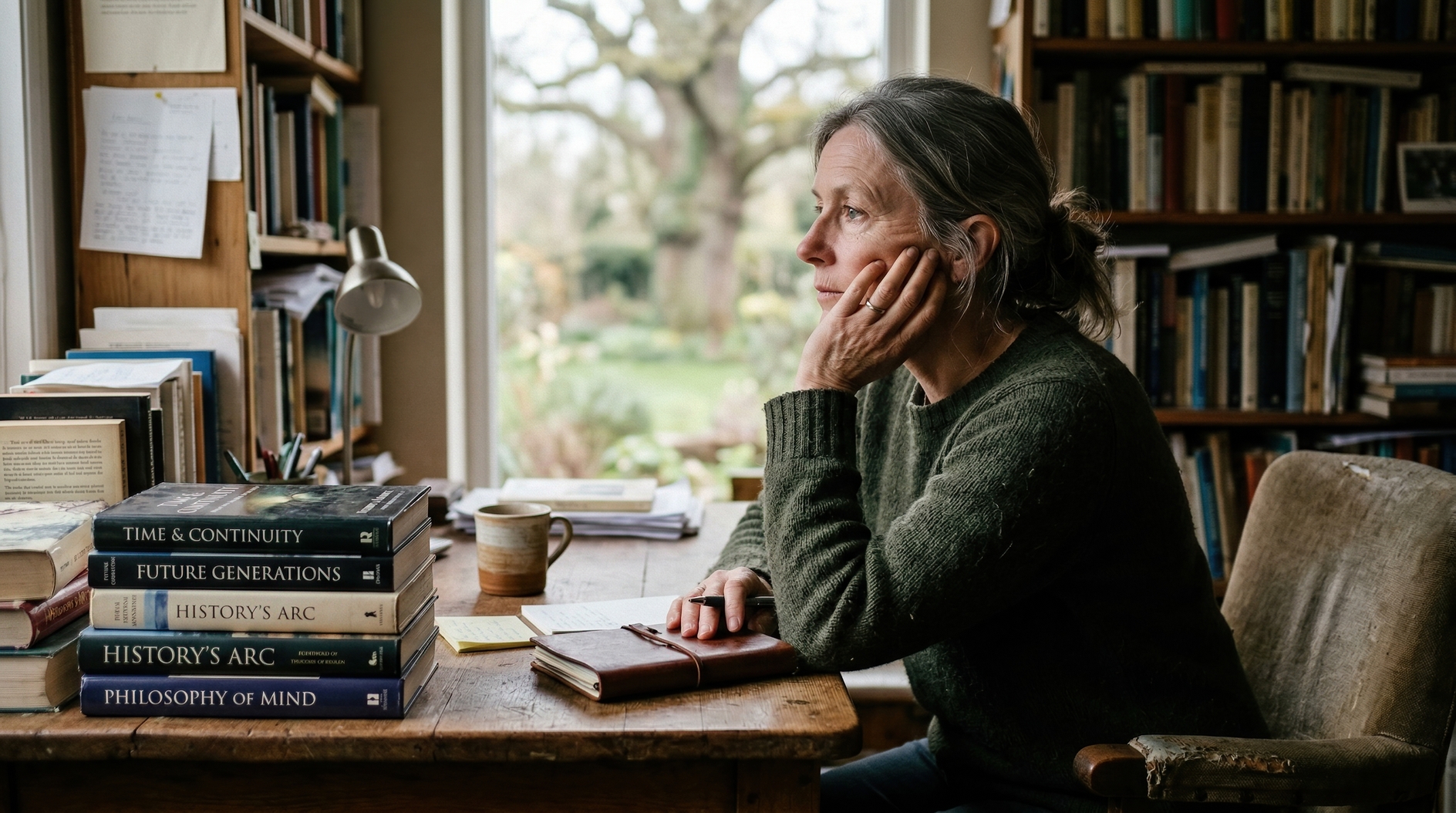 Thoughtful woman at wooden desk surrounded by philosophy books in cozy home study during daylight