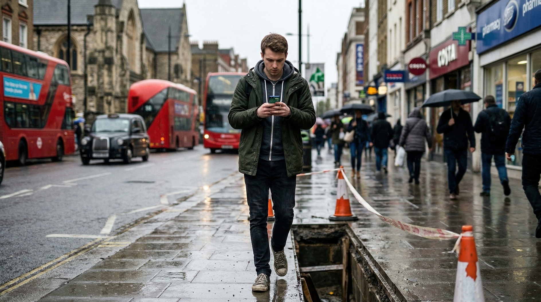 Young man using smartphone while walking on rainy London street with red buses and wet pavement
