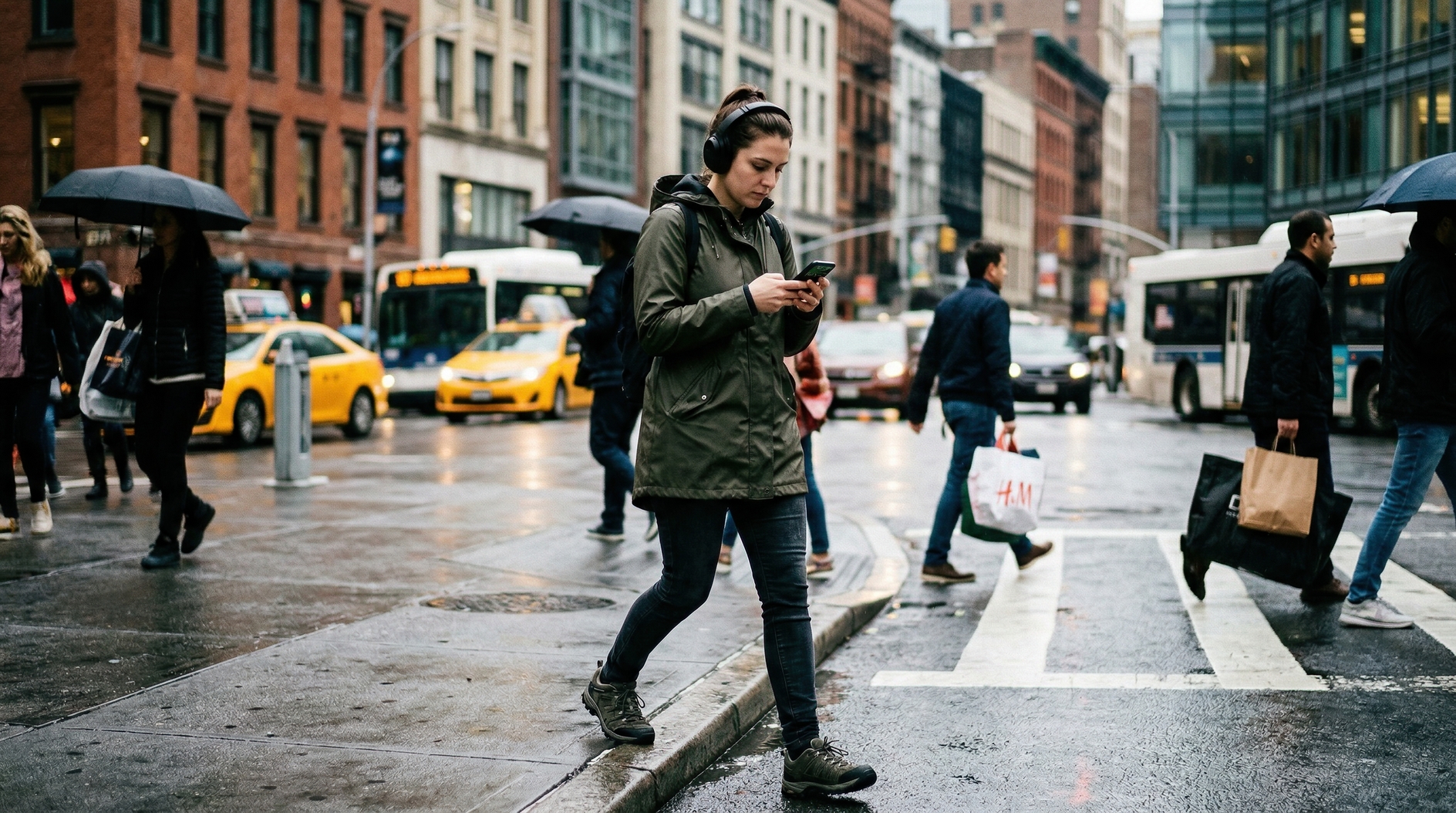 Pedestrians crossing busy Manhattan street on rainy afternoon with taxis and buses in background