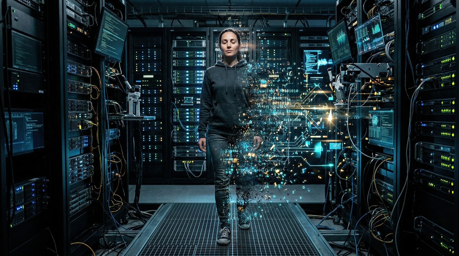 Woman in data center transforming into digital code amid glowing servers and futuristic technology