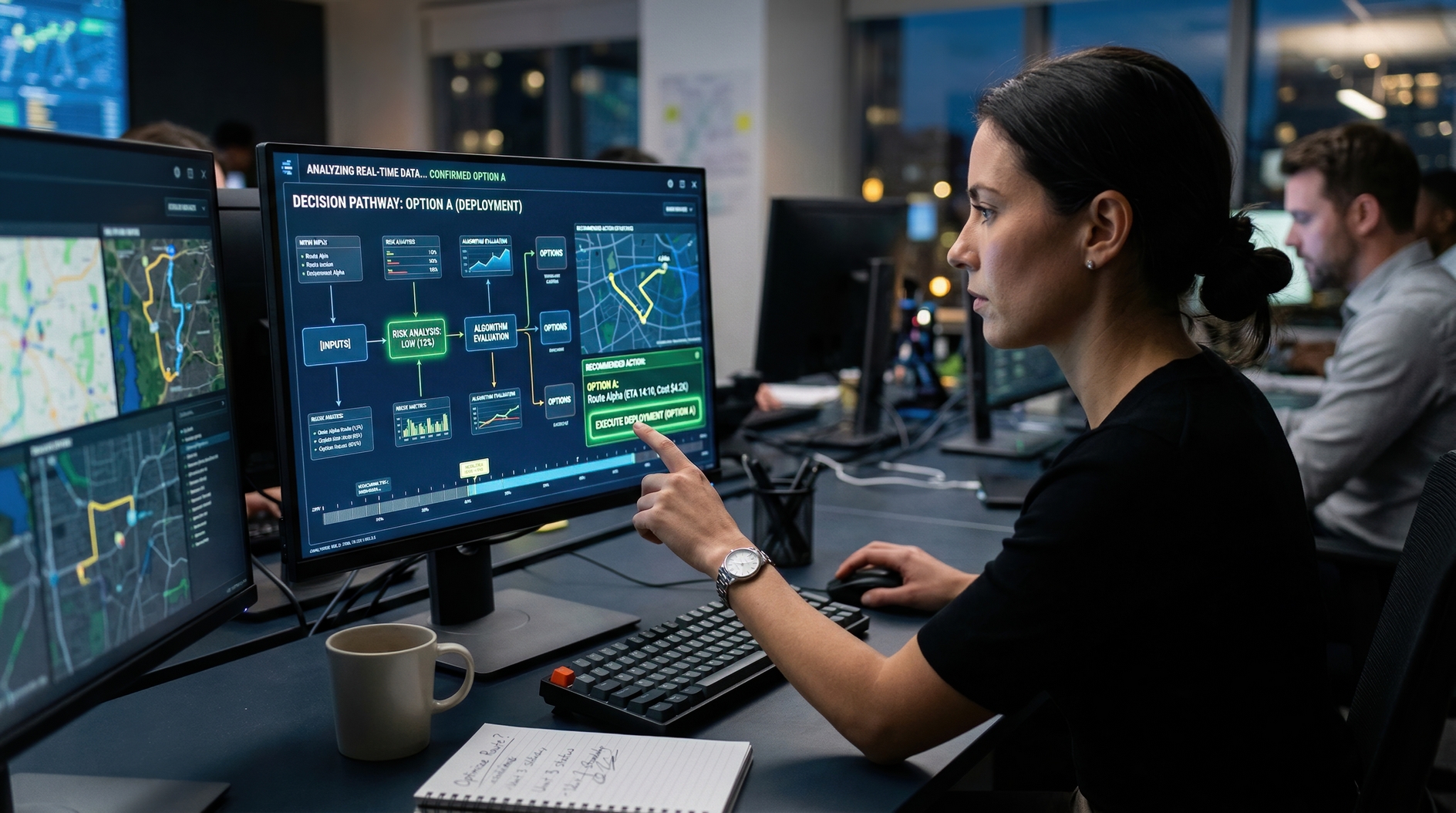 Focused business analyst studying real-time algorithmic data on multiple monitors in modern night