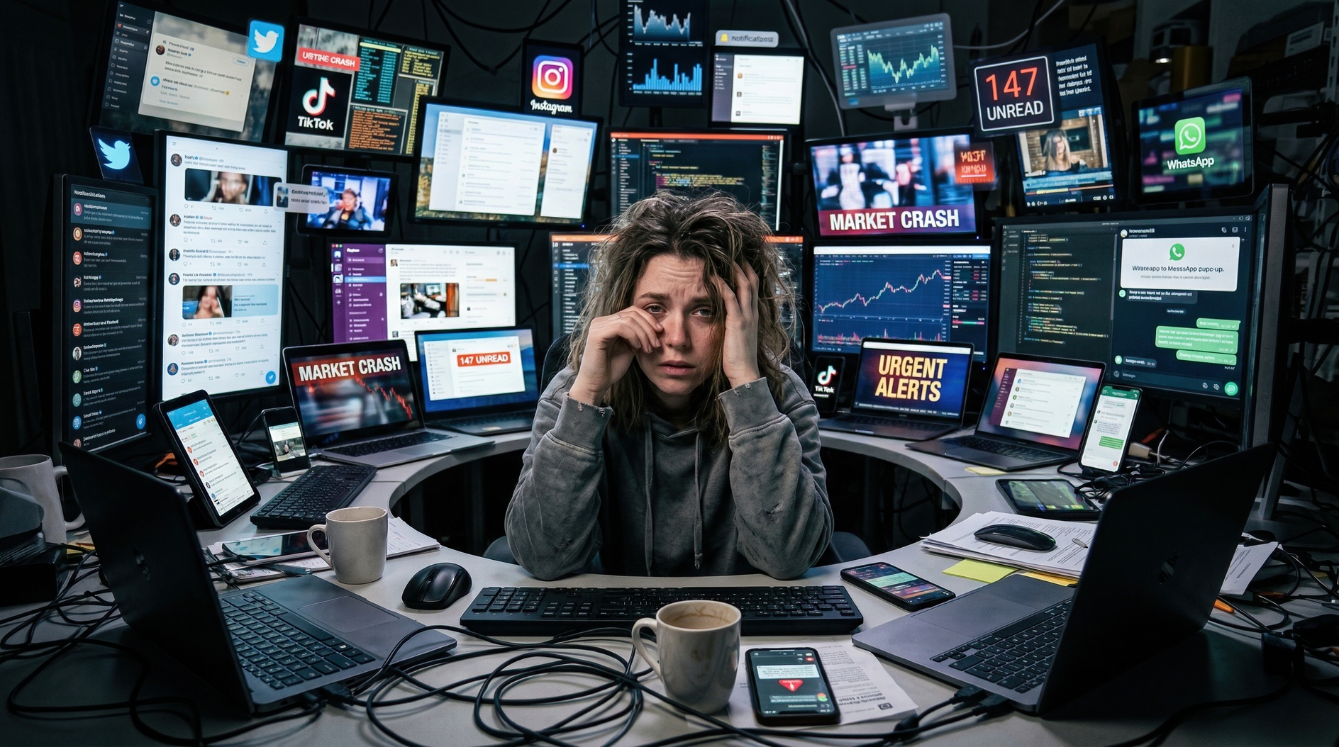 Exhausted financial analyst in dim office surrounded by glowing monitors of market crash data