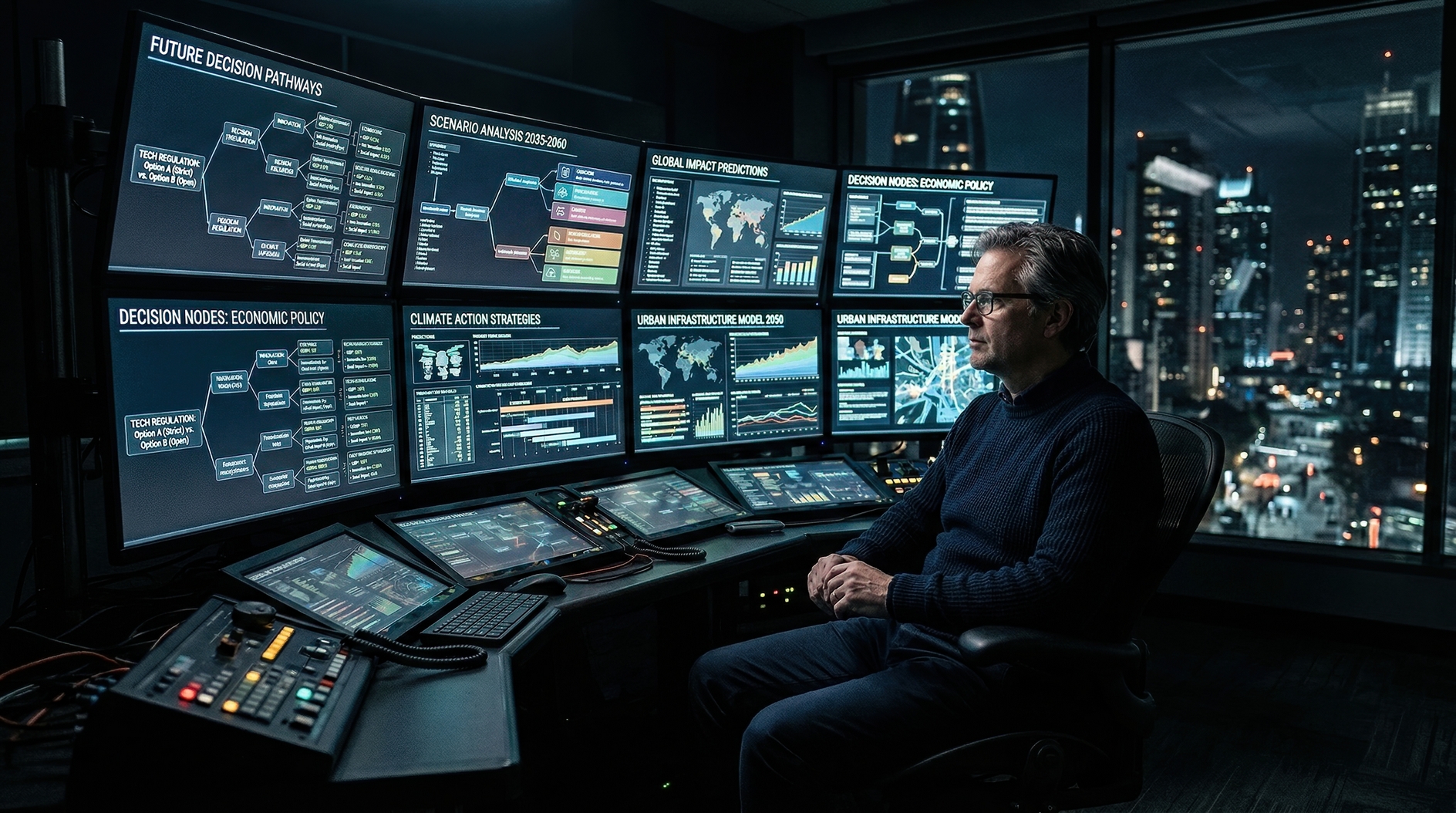 Financial data analyst reviewing complex visual dashboards on multiple monitors in high-rise office