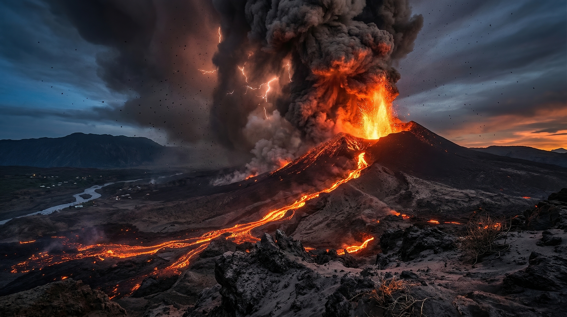 Dramatic volcanic eruption with lava flow and lightning at dusk in mountainous Icelandic landscape