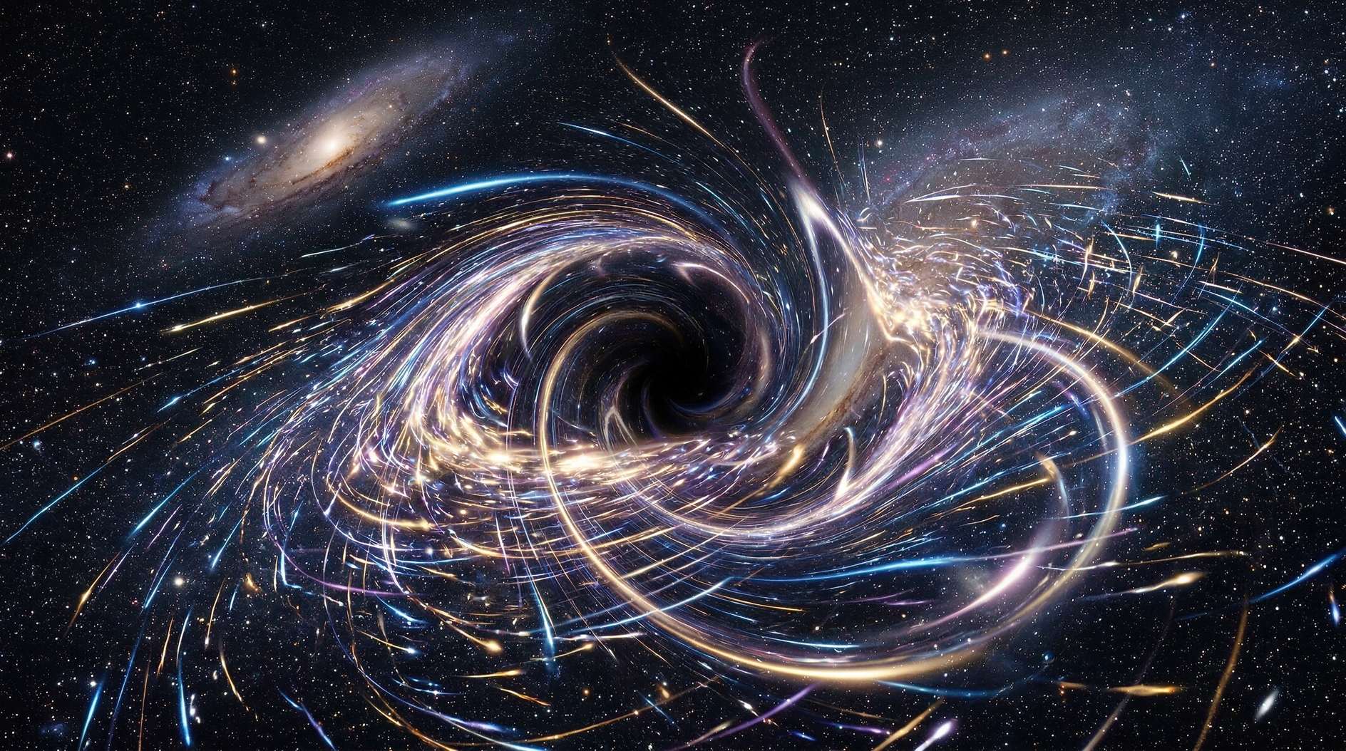 Vivid cosmic black hole swirling with colorful light trails in deep outer space galaxy view