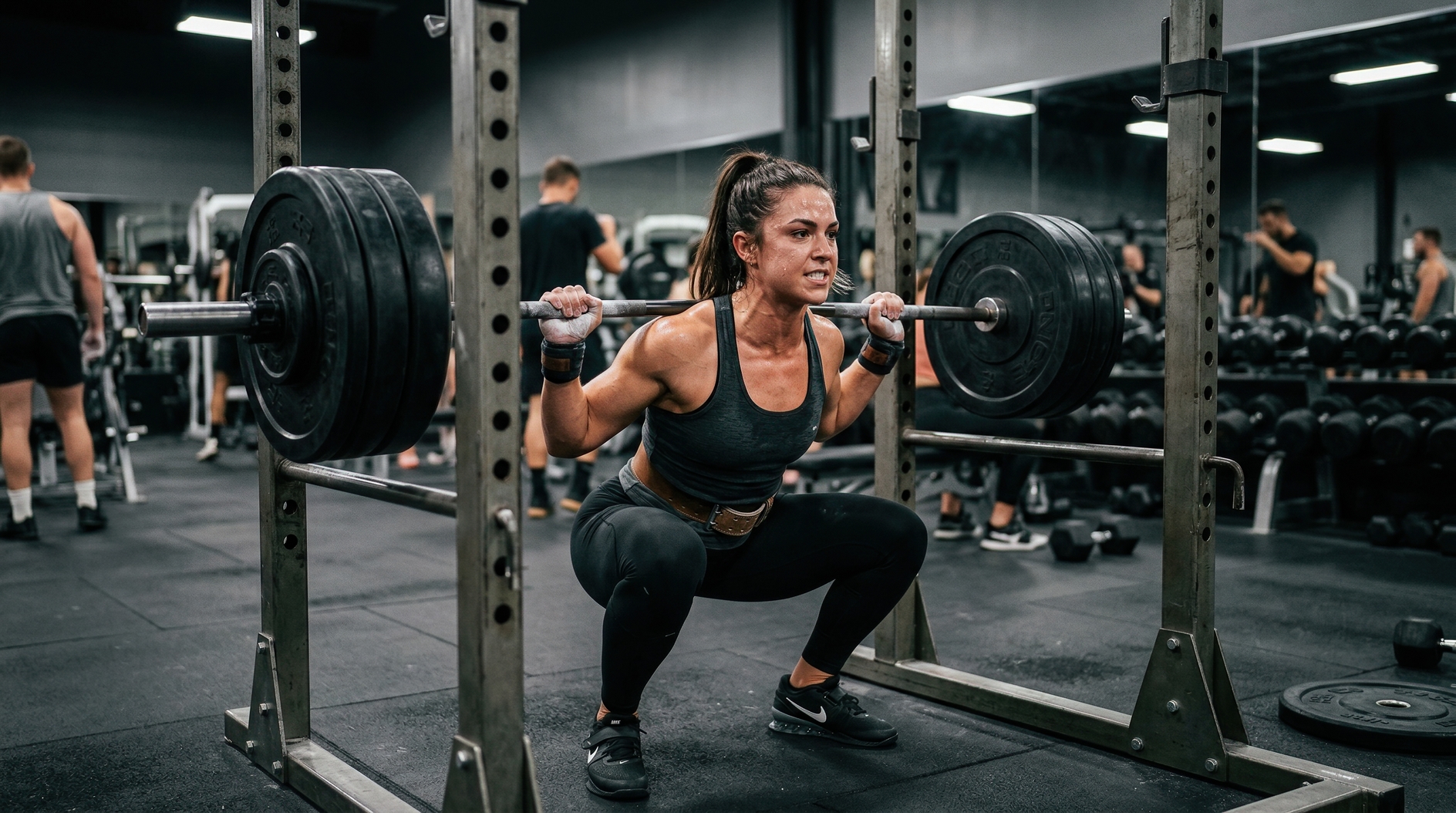 Focused athlete performing heavy barbell back squat in modern gym under bright indoor lighting