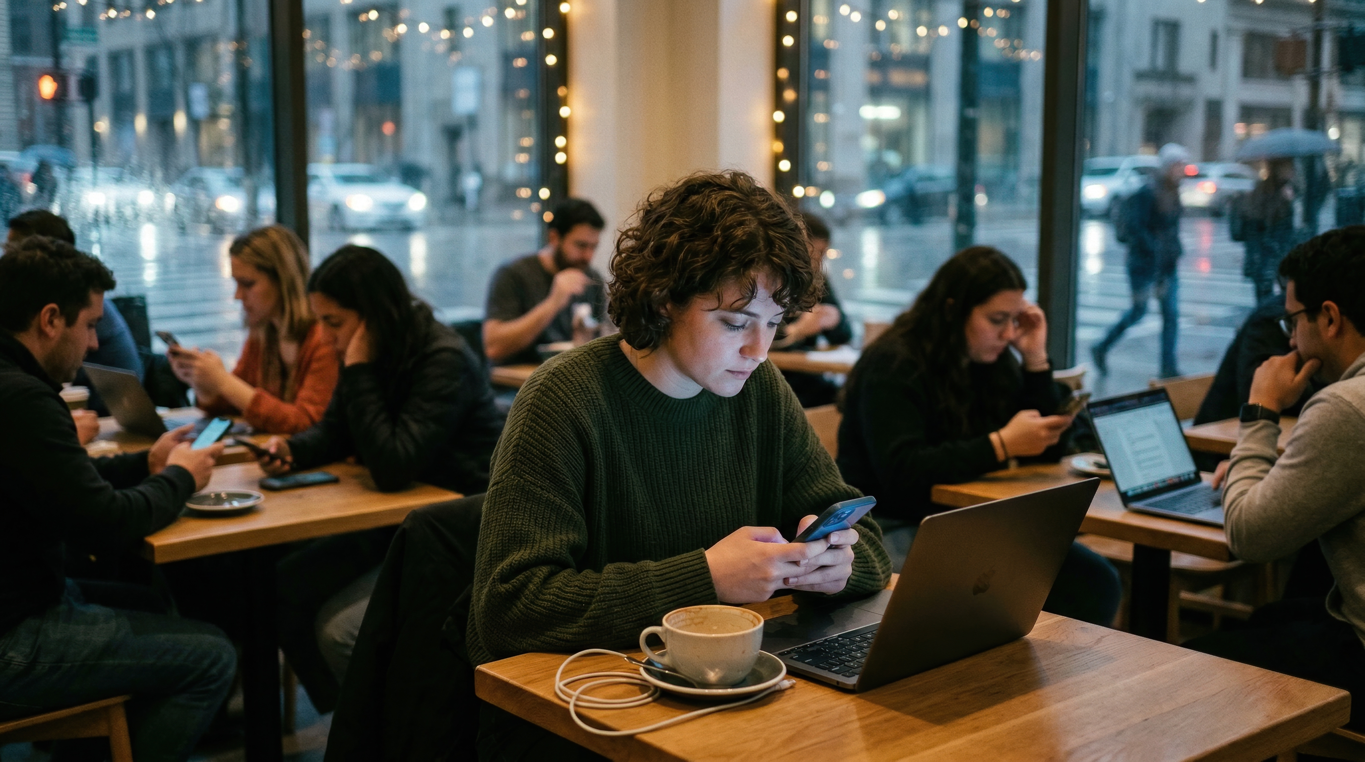 Young adult using smartphone and laptop at wooden table in cozy rainy city cafe