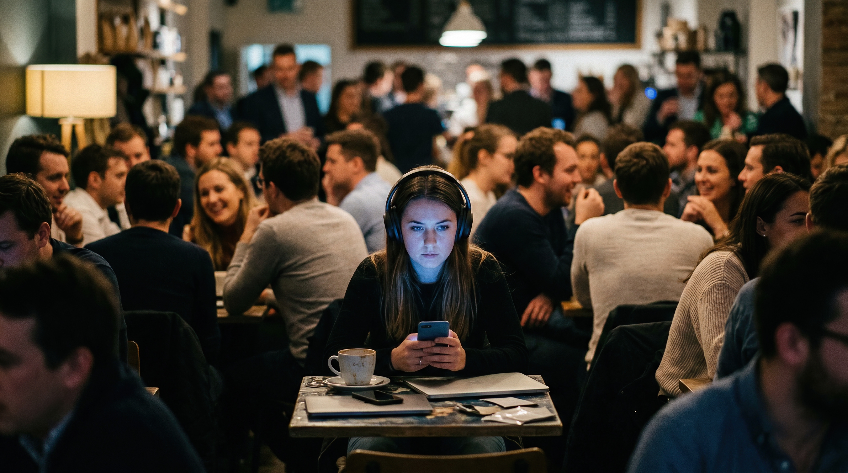 Young woman using smartphone with headphones in busy cafe during evening rush hour