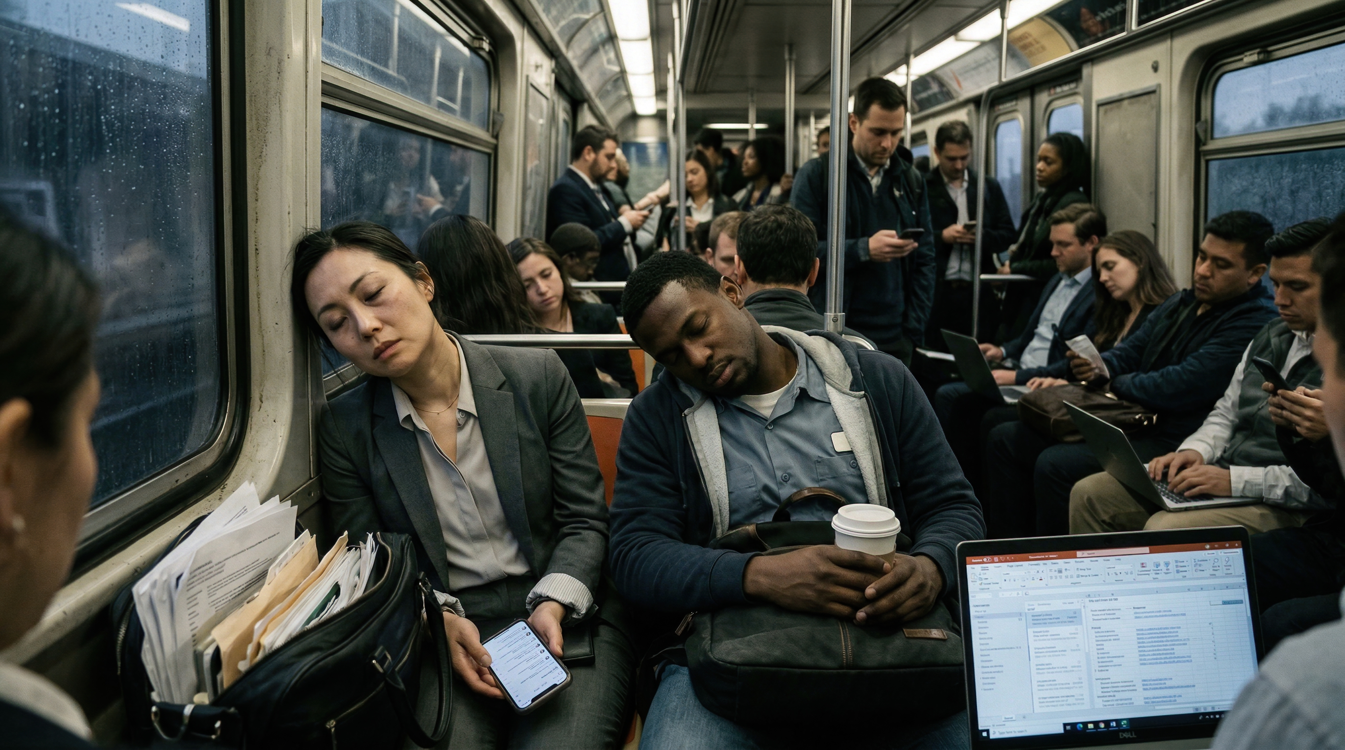 Commuters Resting and Working on Crowded Subway Train During Rainy Morning Commute