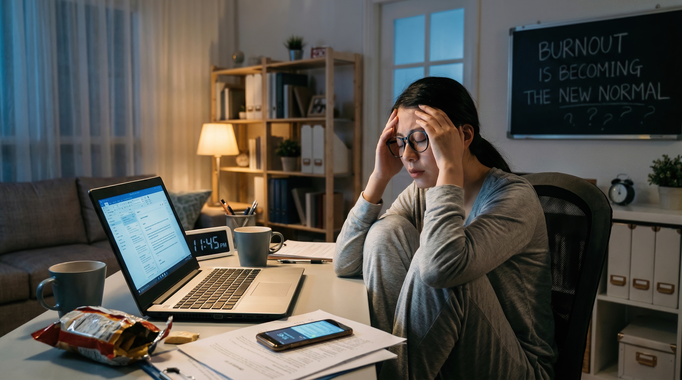 Tired woman working late at home office with laptop and paperwork under stress at night