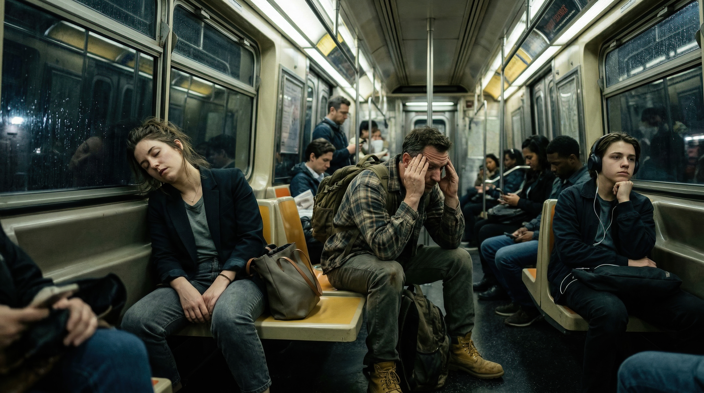 Tired commuters sitting in dimly lit subway car during nighttime urban train ride