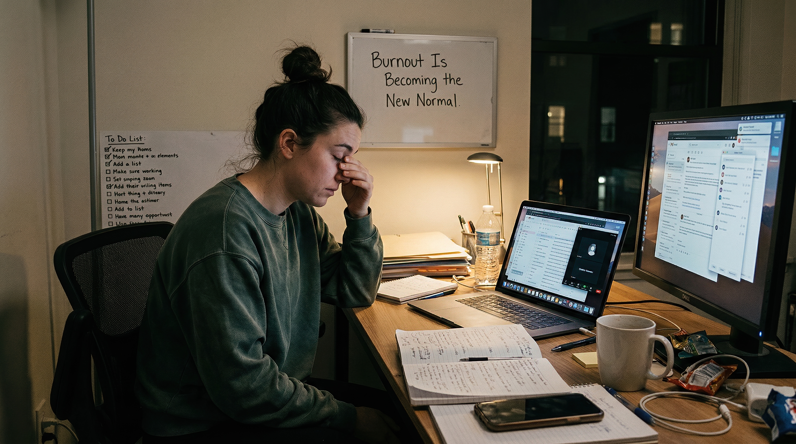 Stressed remote worker feeling burnout while working late night at home office desk