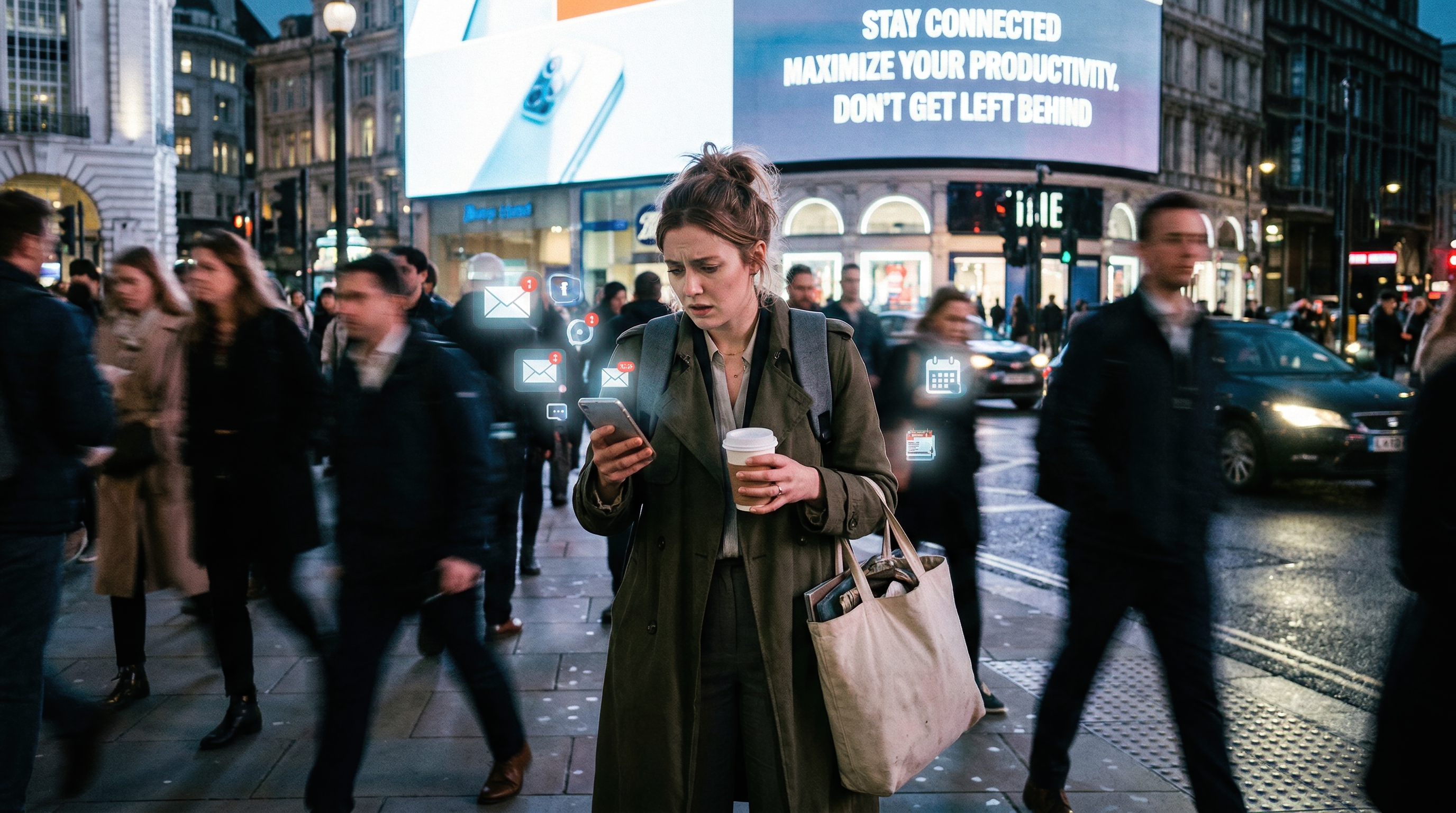 Young woman checking smartphone notifications in busy London street at evening rush hour