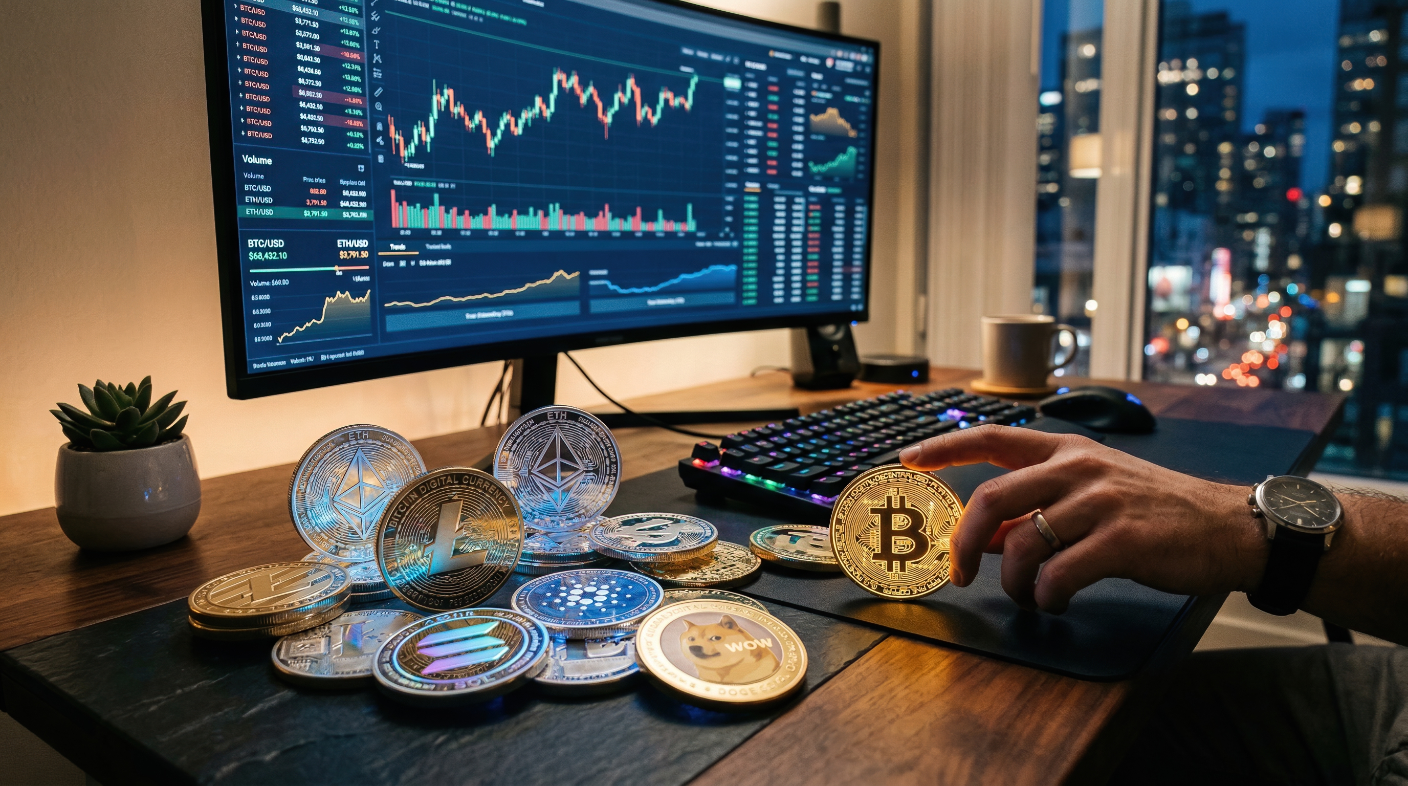 Cryptocurrency trader analyzing digital coin market charts on computer at night in city office