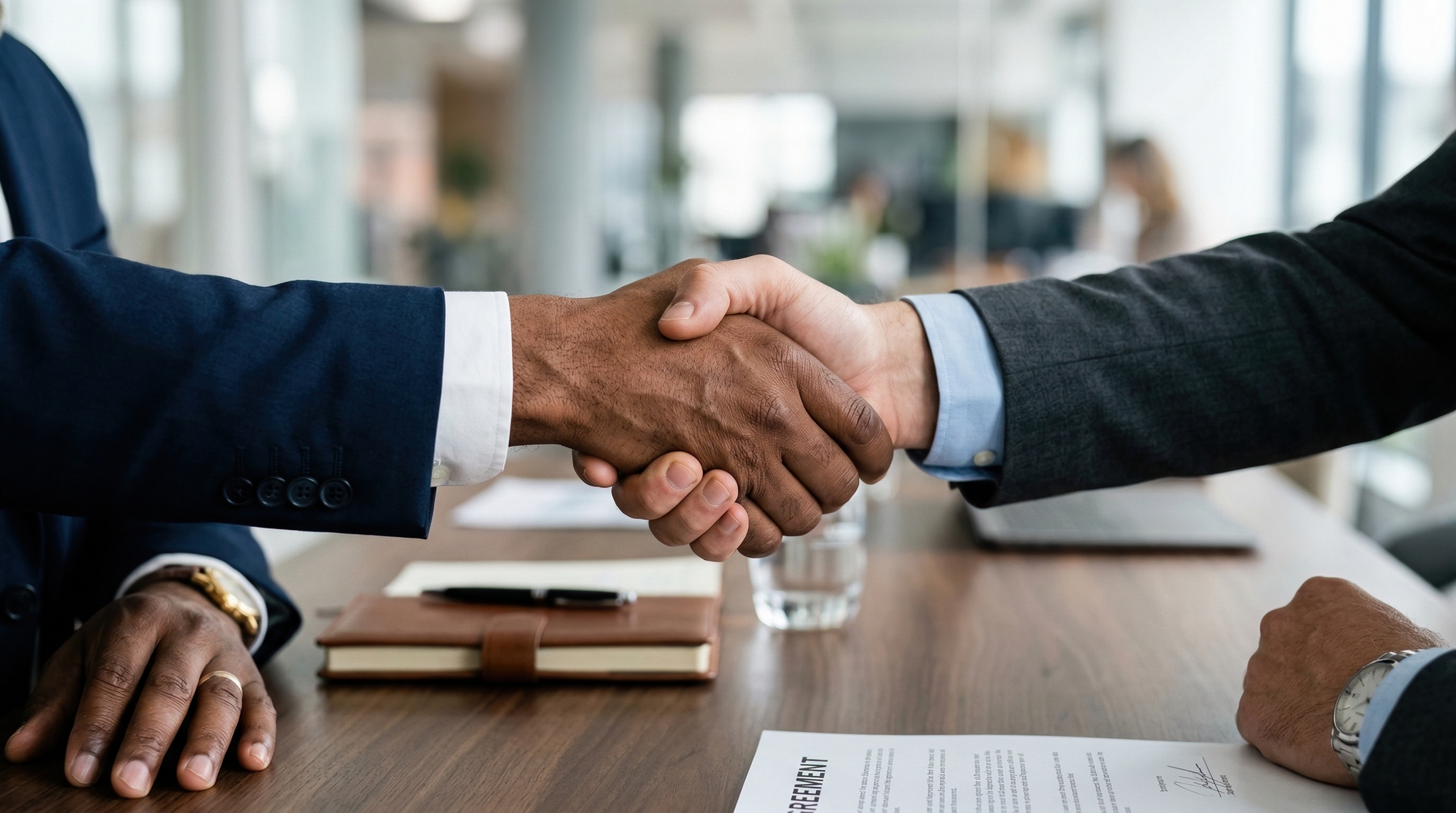 Business professionals shaking hands after successful agreement in modern office meeting room