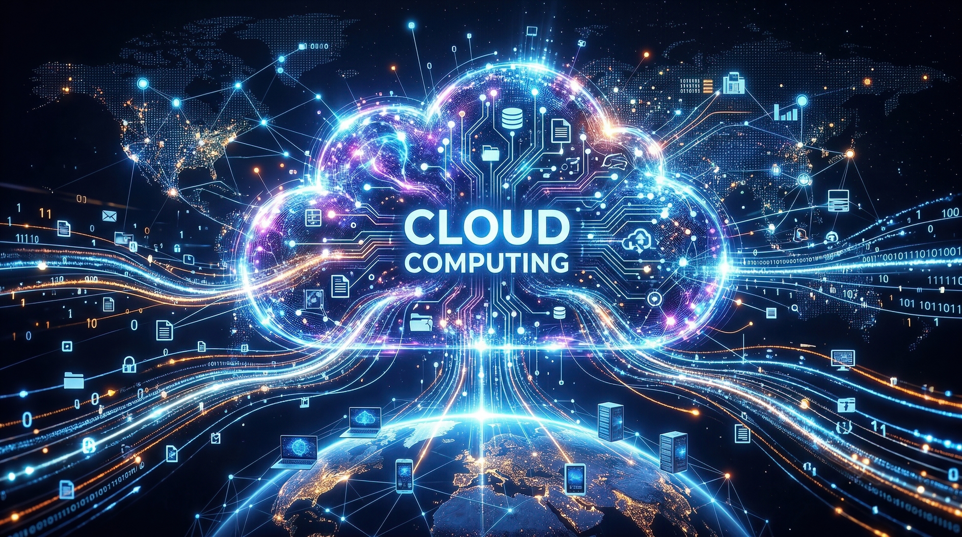Digital cloud computing network with global data connections and futuristic technology visualization