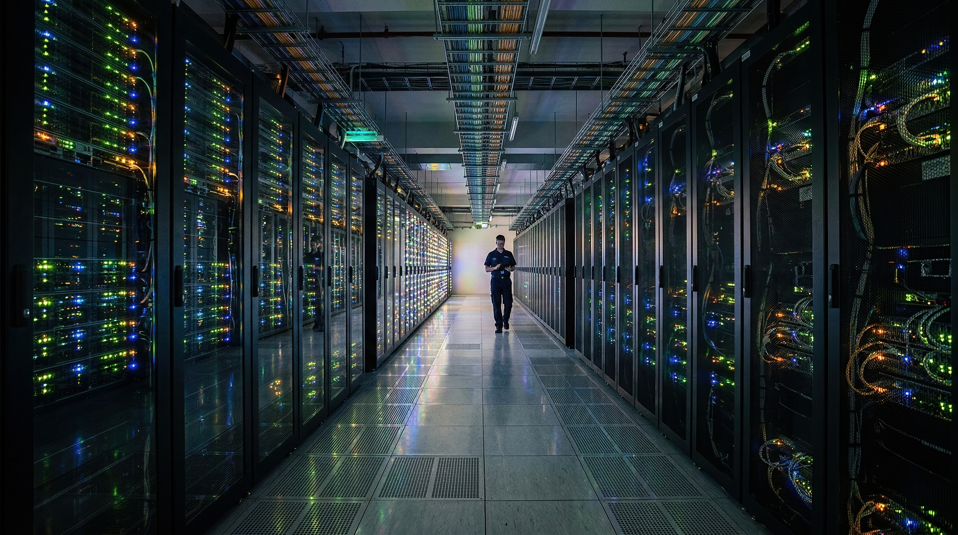 Engineer Inspecting Illuminated Server Racks in Modern Data Center Corridor at Night