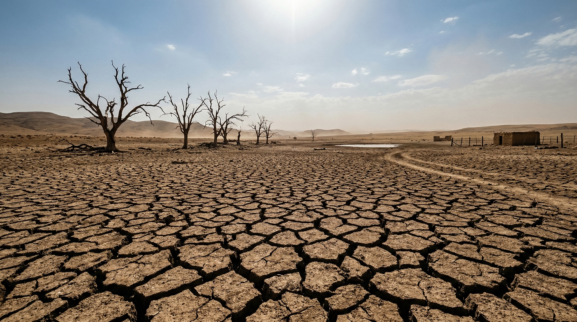 Parched desert landscape with cracked earth and dead trees under harsh midday sunlight
